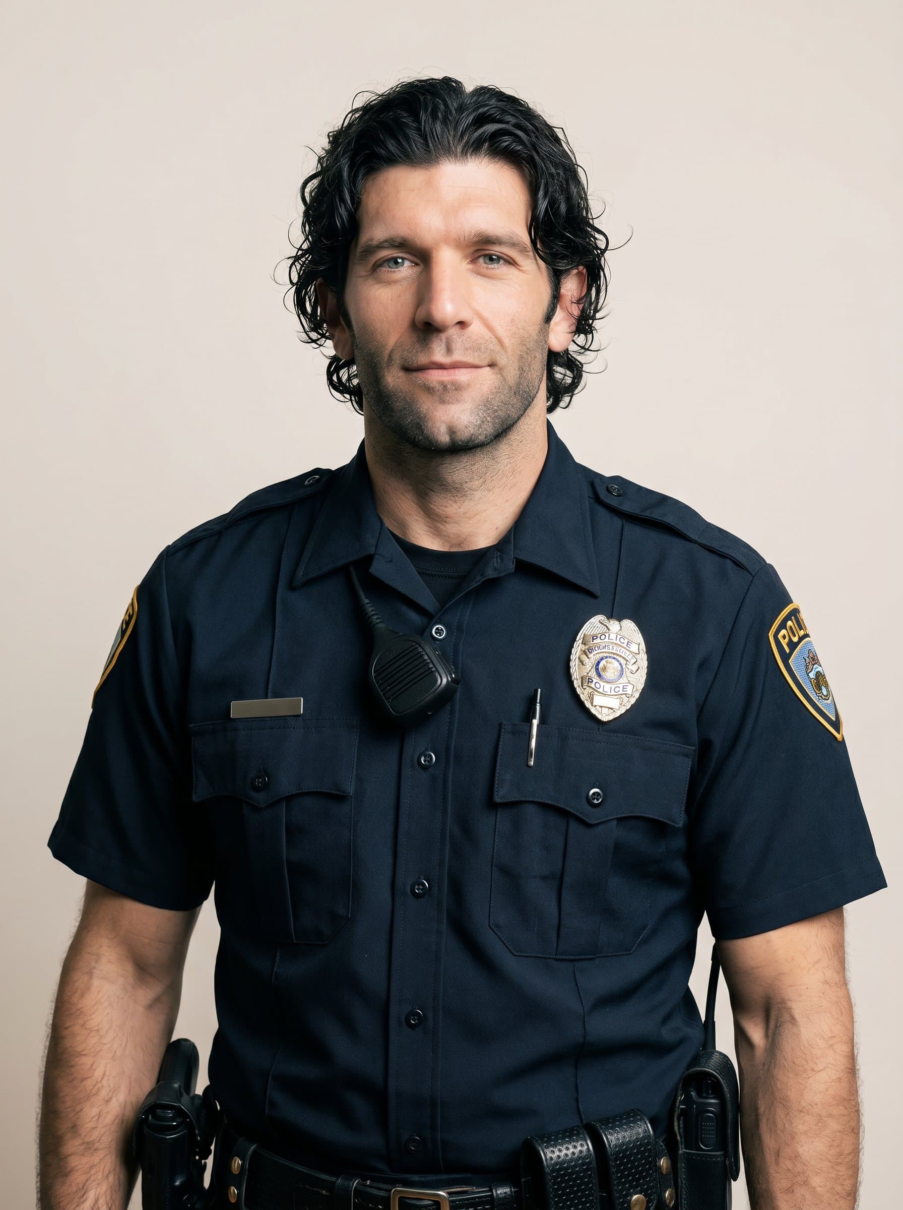 : Portrait of a police officer in uniform, exhibiting calm authority, against a pale neutral background, with gentle lighting enhancing the officer's approachable demeanor and authoritative presence.