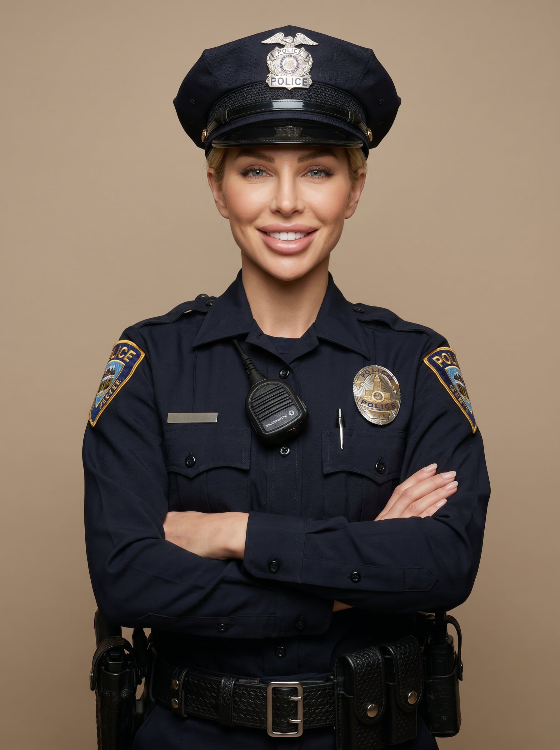 : Professional photo of a police officer in a standard issue uniform, showing a relaxed but confident expression, against a simple light brown background, with lighting that highlights facial symmetry.
