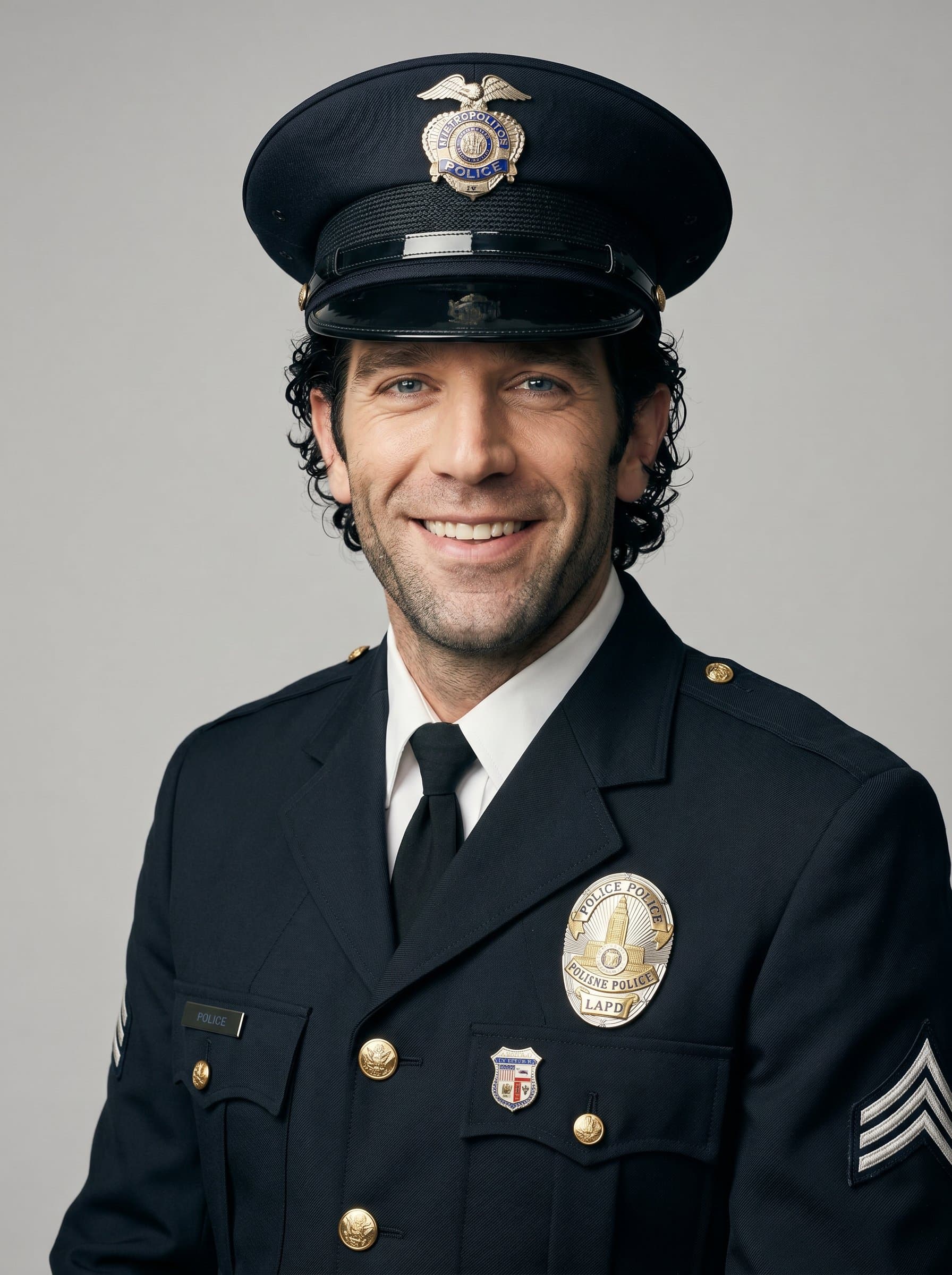 : Create a headshot featuring a police officer in full dress, set against a plain backdrop, with a welcoming smile, using lighting that casts soft shadows for depth and a professional appearance.