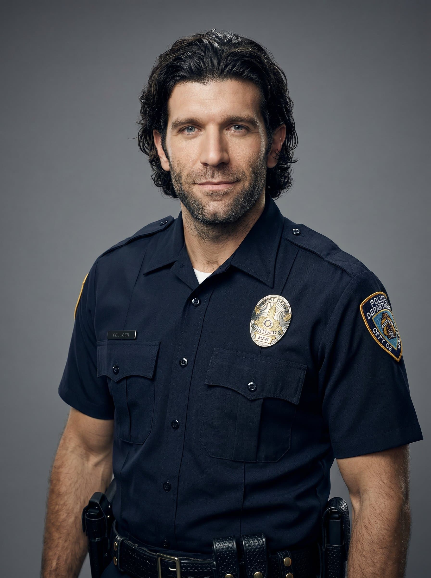 : Capture the image of a police officer in uniform, exuding calm authority, against a smooth, neutral matte background, with studio lighting designed to enhance the integrity and character in the expression.