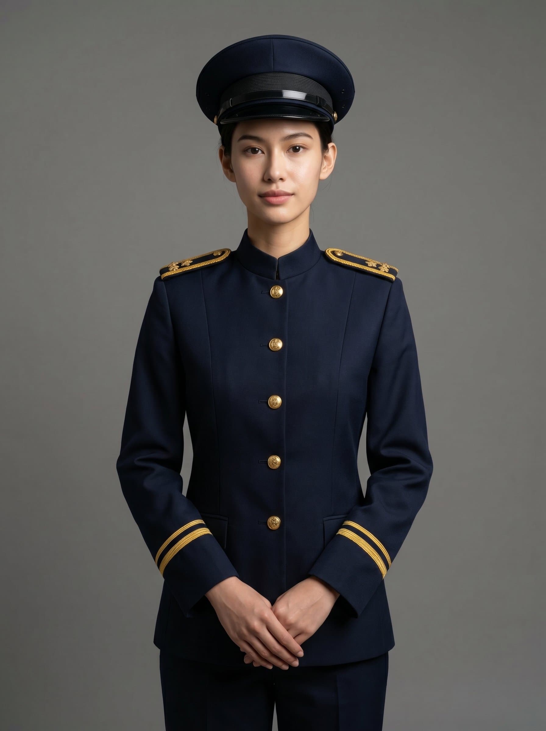 : Image of a police officer in a dark ceremonial outfit, standing confidently with a neutral expression, against a plain background, with lighting that captures trust and authenticity in the woman’s face.