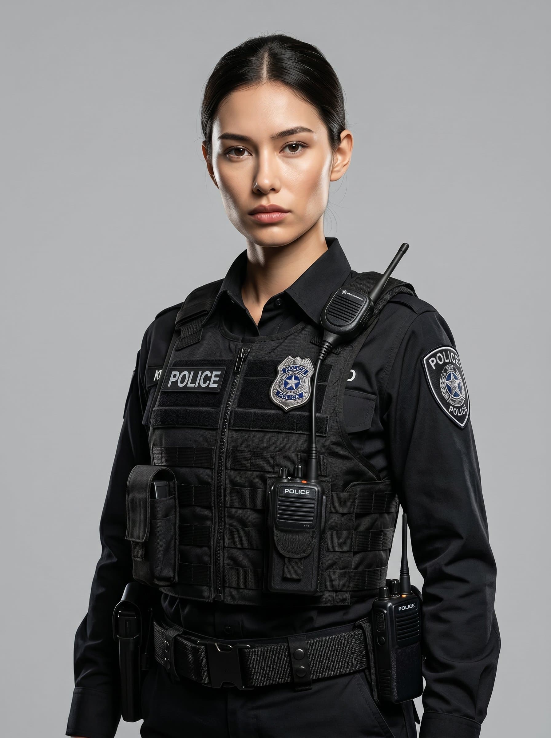 : Capture a police officer in tactical uniform with a firm expression, set against a solid light gray background, the lighting accentuating the woman's structured features and authoritative presence.