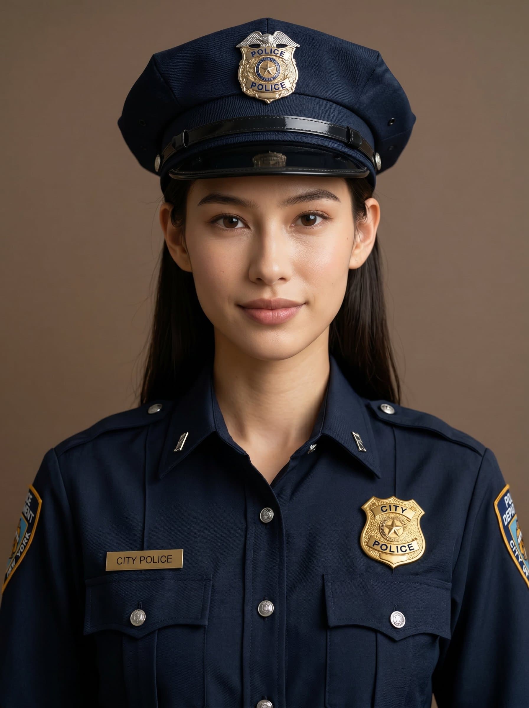 : Headshot of a police officer in service uniform, exuding authority and trust, standing against a plain matte brown background, with balanced lighting directed to emphasize the positive facial attributes.