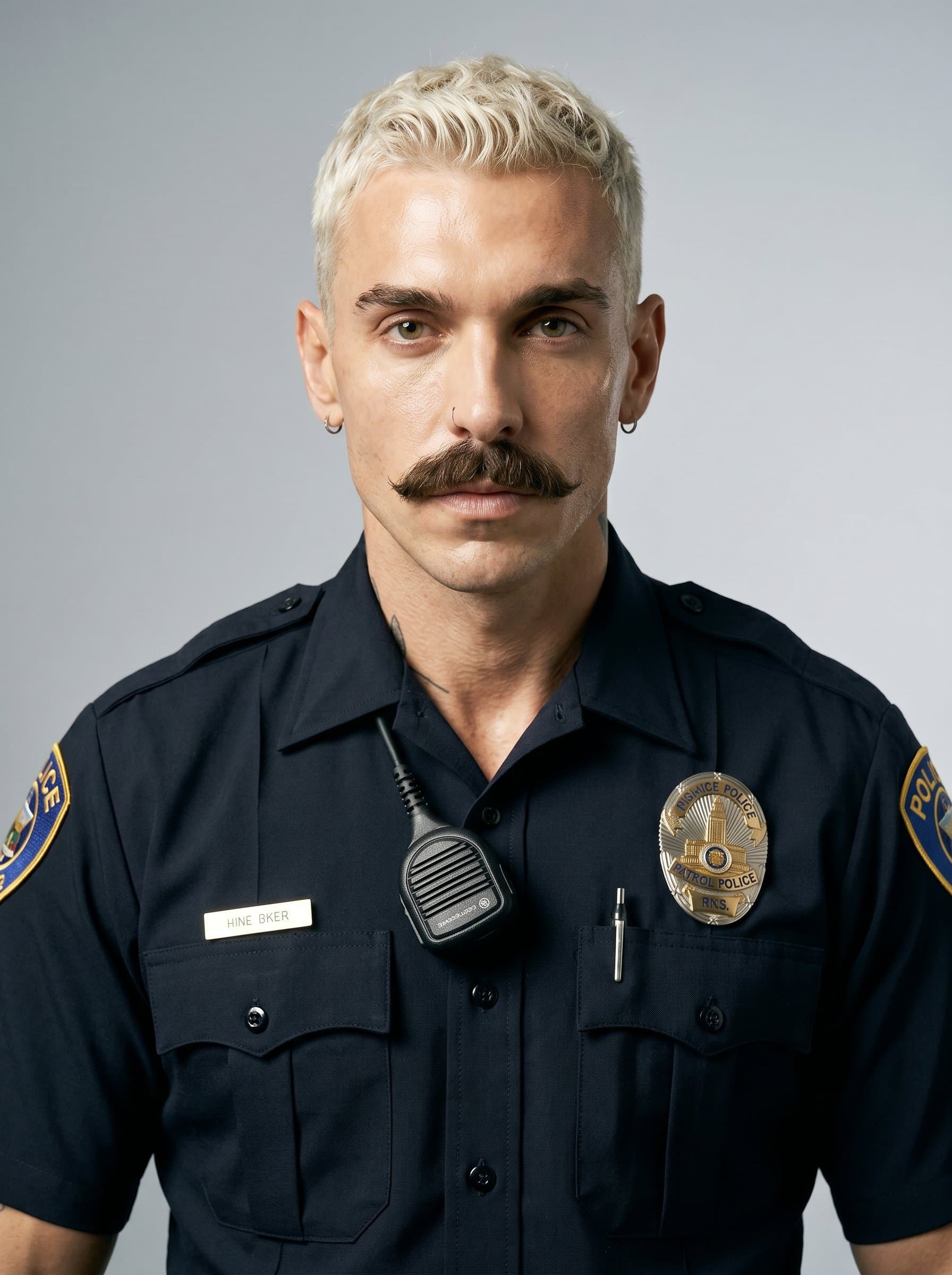 : Generate a photo of a police officer in standard patrol uniform with a sincere expression, against a nondescript light backdrop, using lighting that emphasizes the clarity and firmness of their gaze.