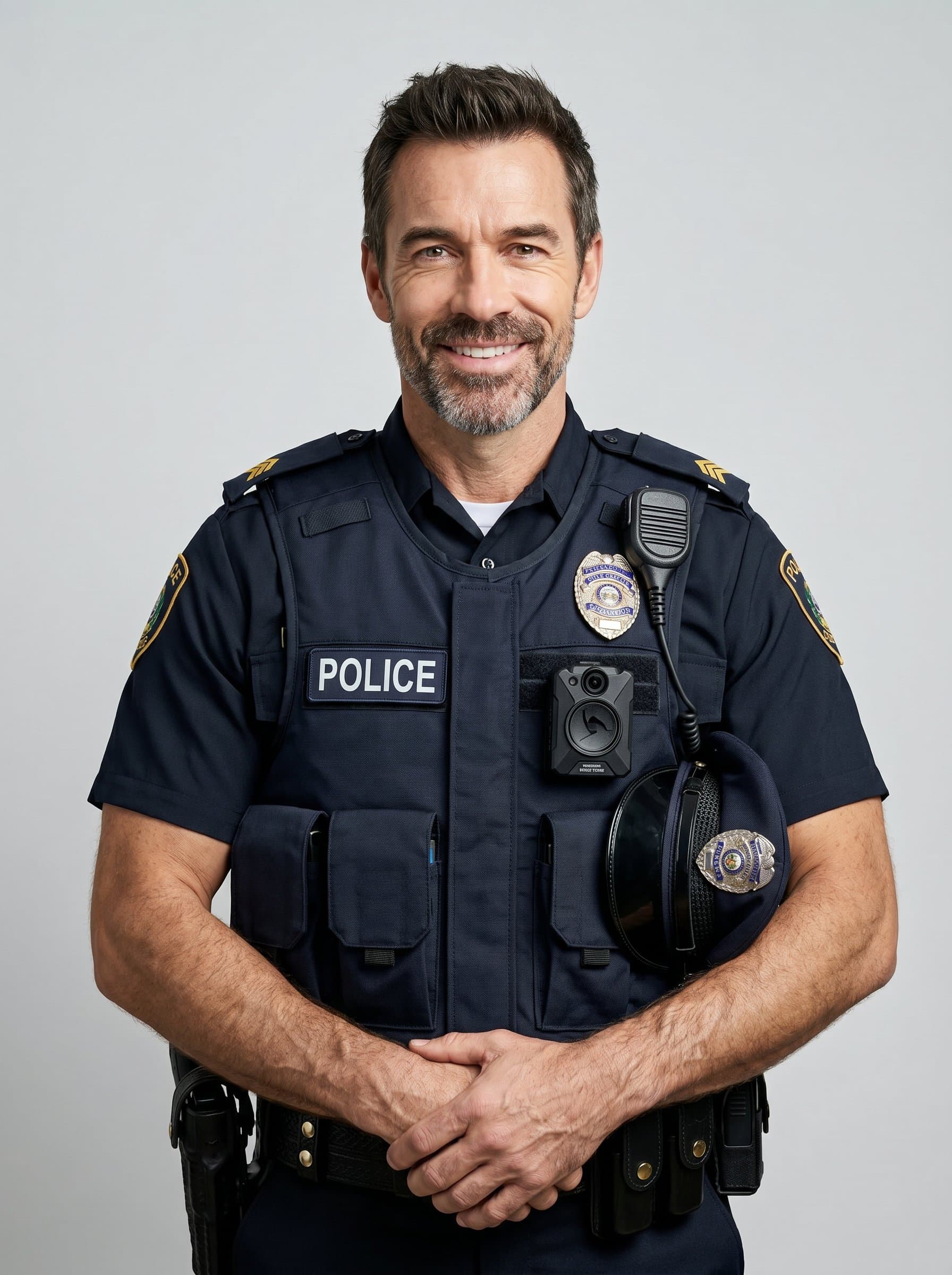 : Capture an image of a police officer in full gear, with a welcoming smile, posed against a soft gray background, using studio lighting to bring a sense of reliability and connection through the eyes.