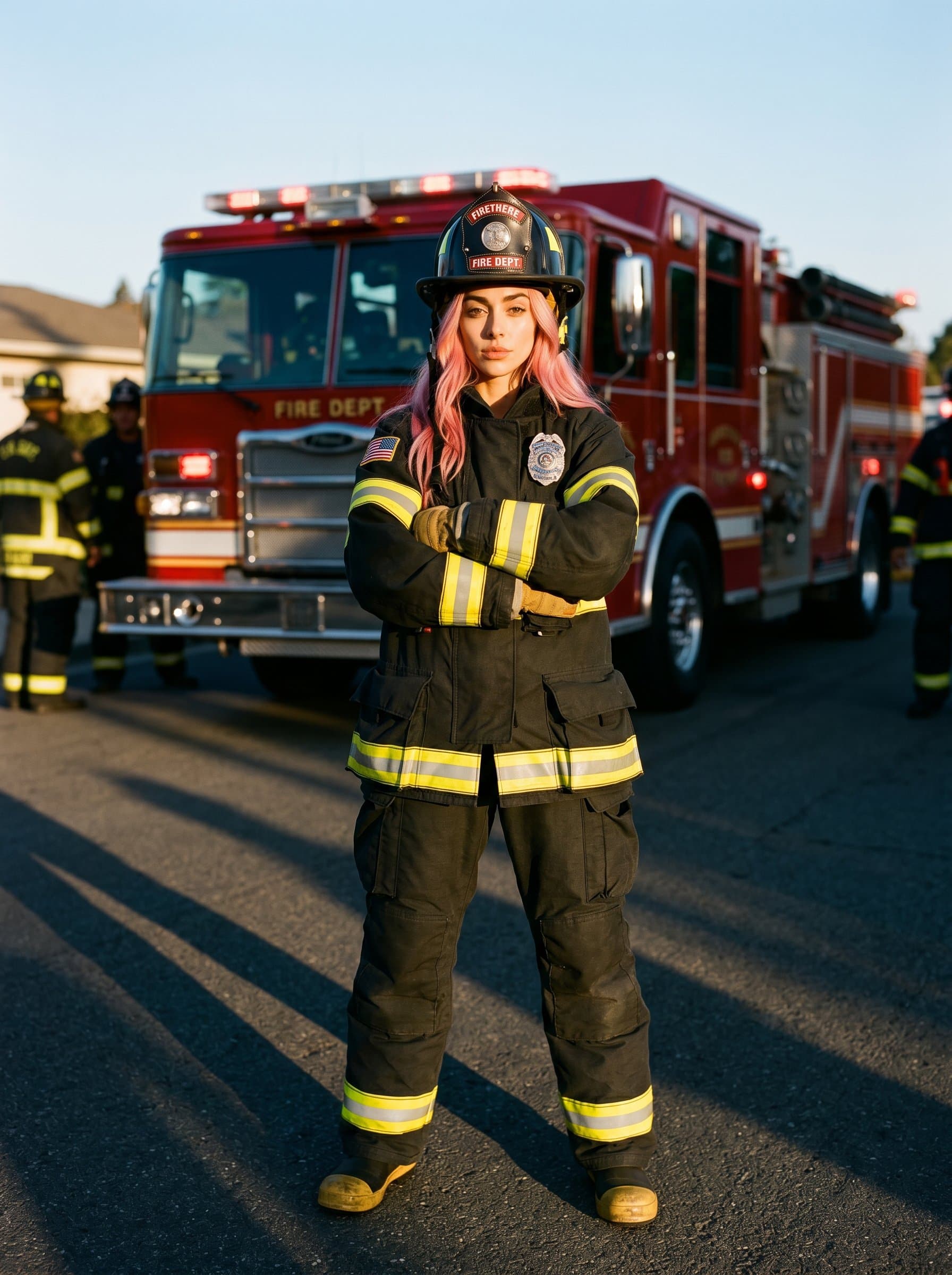 : A firefighter in full gear, standing confidently with a firetruck in the background, sunlight casting dramatic shadows. Focus on helmet and badge, capturing the essence of bravery in emergency response.
