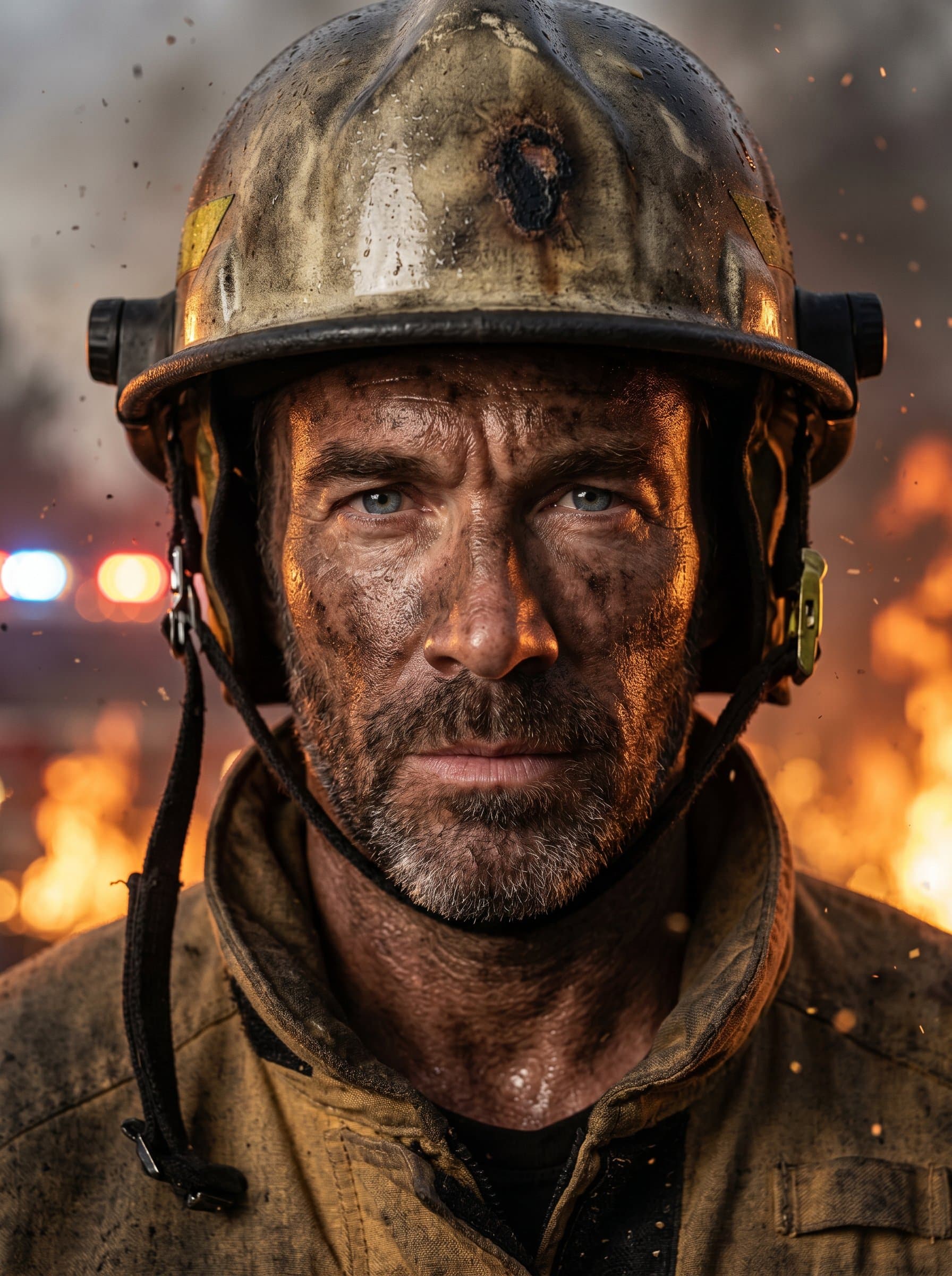 : A close-up of a firefighter's face, soot-covered yet determined, with blurred background of flames. Capture the intensity and dedication required in high-stakes emergency situations.