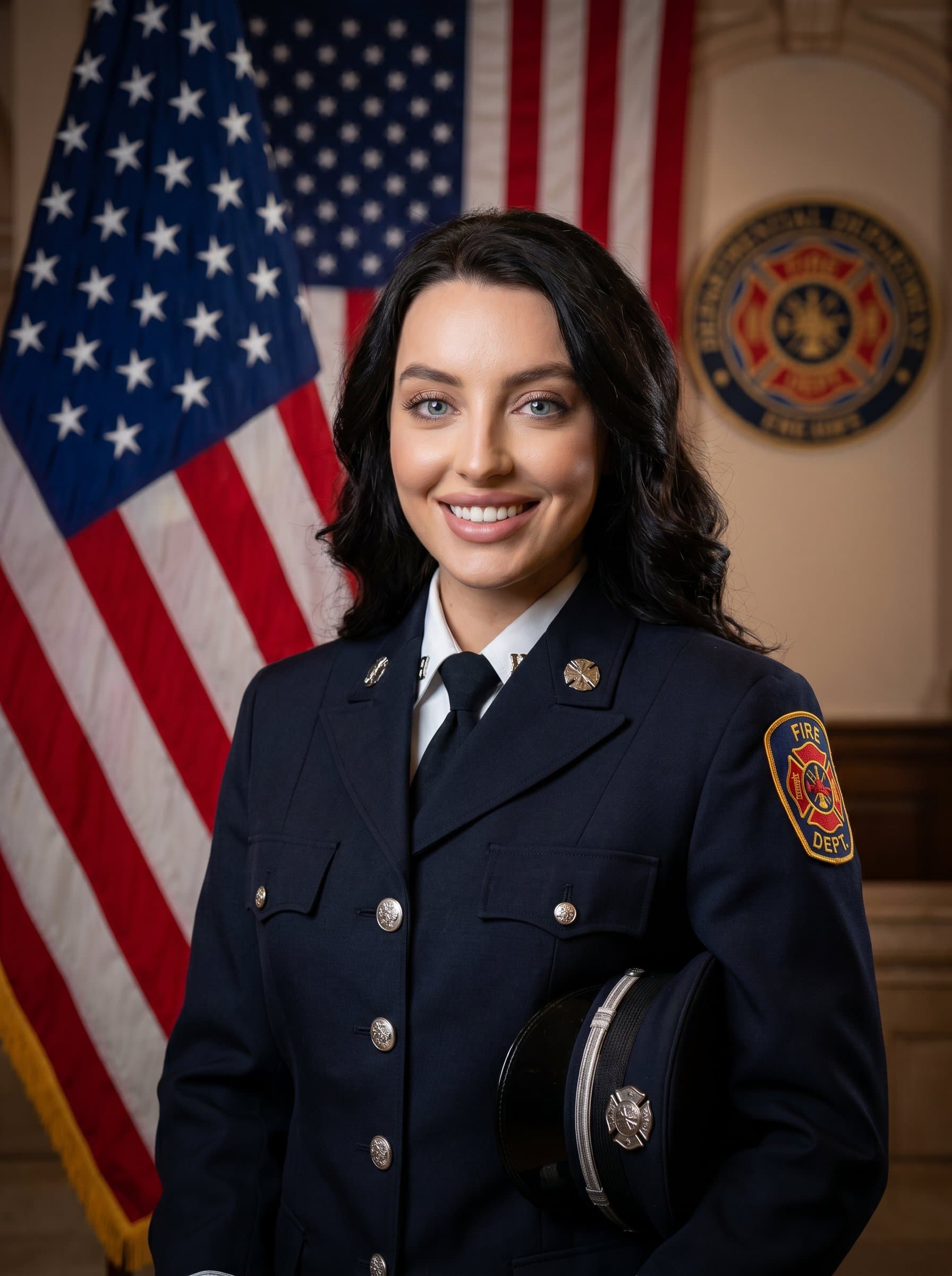 : Firefighter in dress uniform, smiling confidently against a backdrop of an American flag. Lighting should enhance the ceremonial atmosphere, symbolizing honor and service.