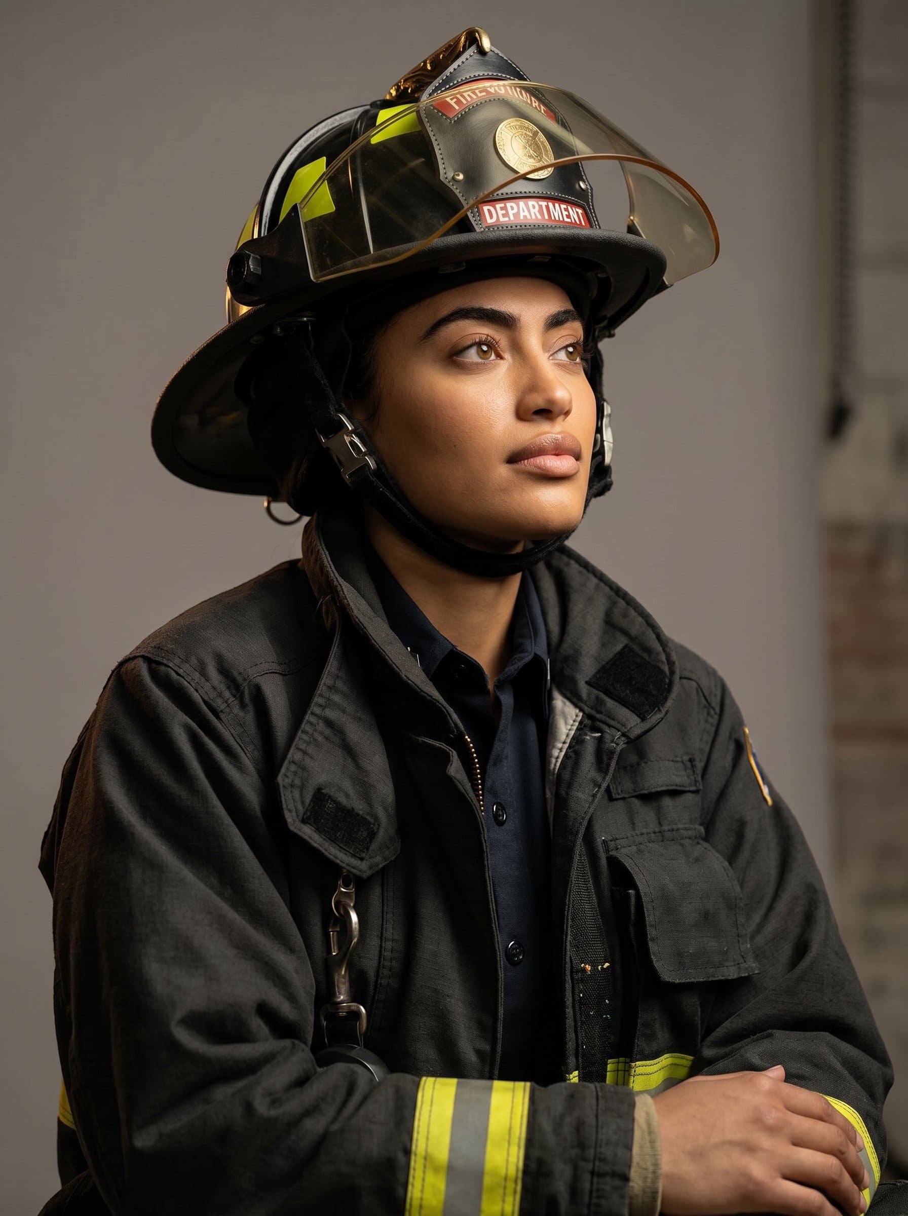 : Studio portrait of a firefighter wearing a helmet, looking upwards with a reflective expression. Emphasize professionalism and readiness, with a softly blurred neutral background.
