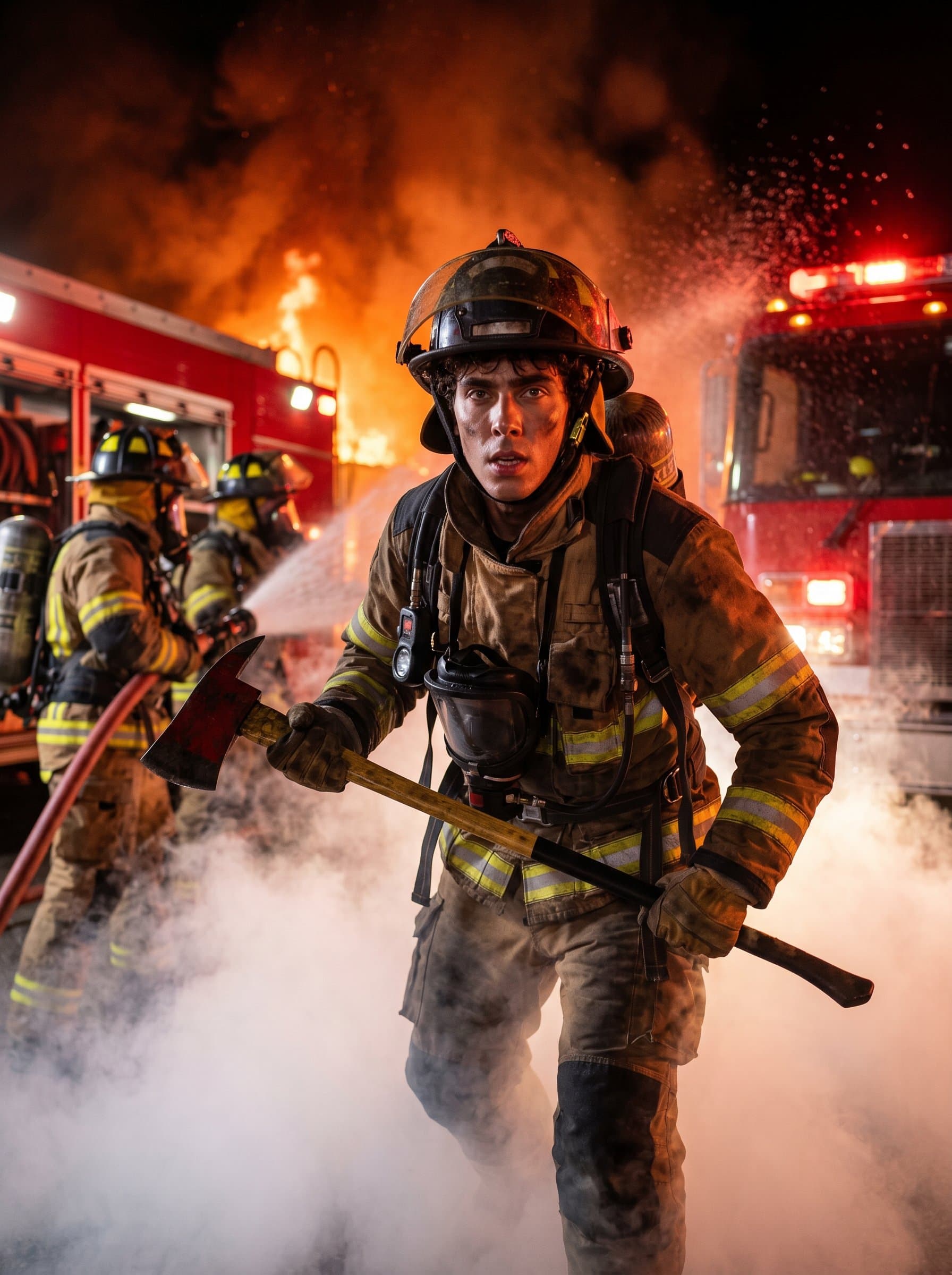 : Action shot of a firefighter holding an axe, emerging from smoke. Background includes a partially visible fire engine, capturing the urgency and teamwork of fire rescue operations.