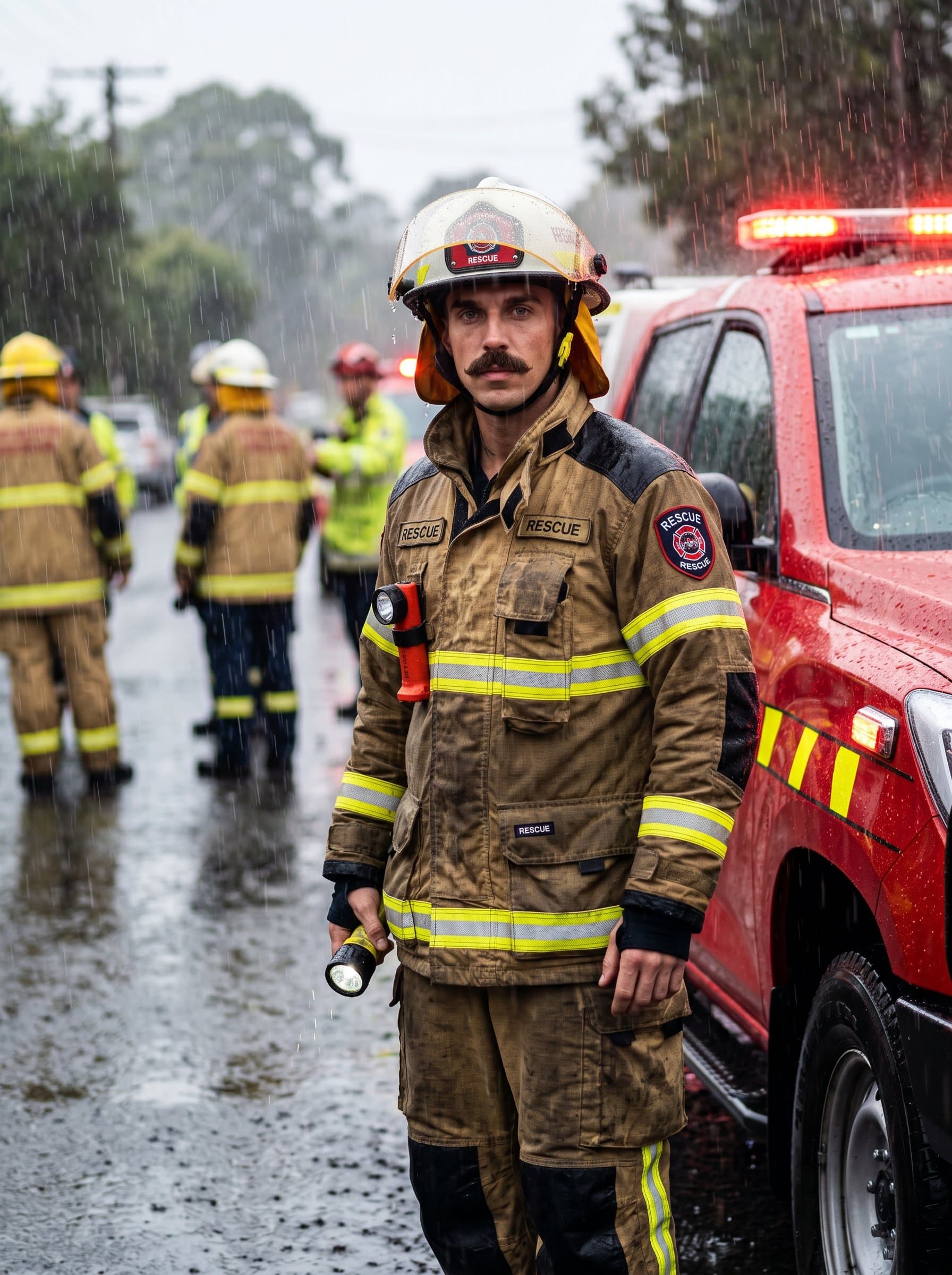 : A firefighter in modern rescue gear, standing next to a rescue vehicle in a rainstorm. Highlight the adaptability and resilience required in various weather conditions while ensuring photorealism.