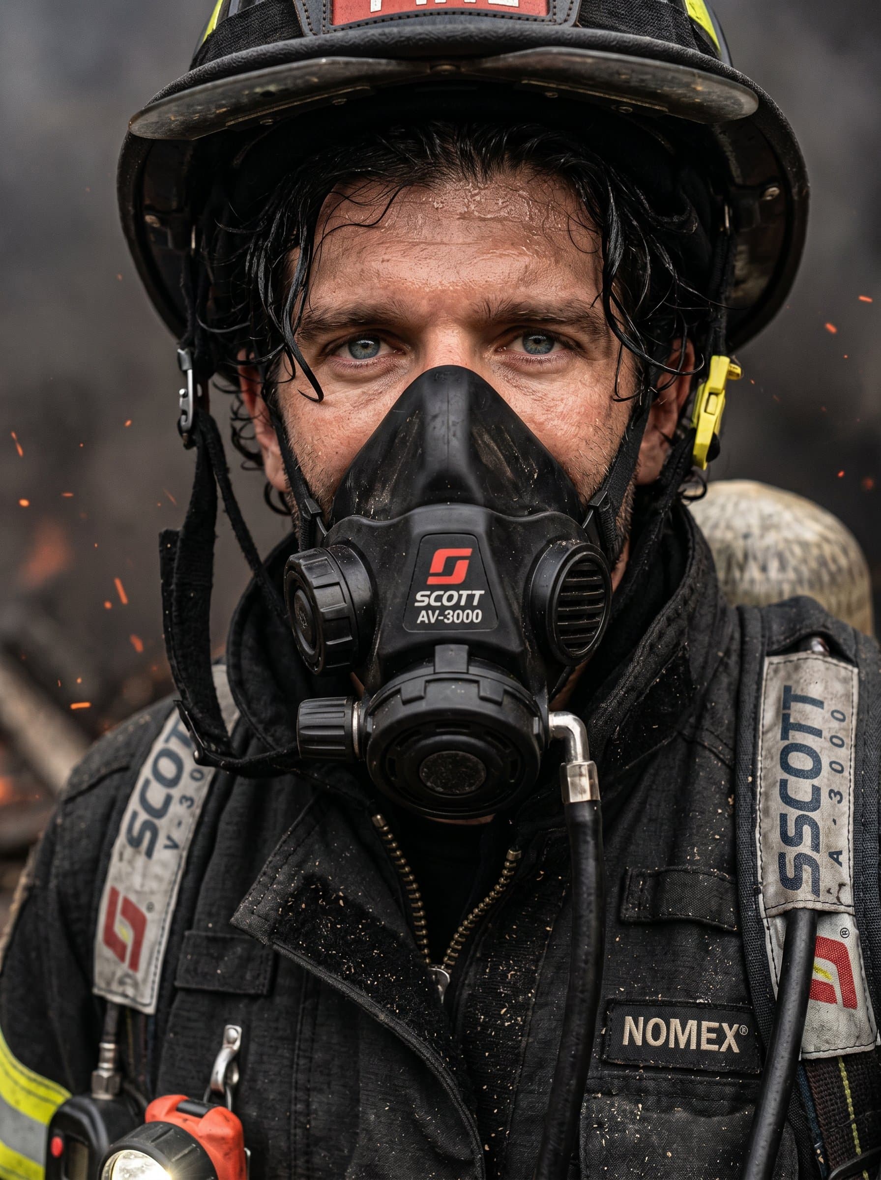 : Portrait of a firefighter in a safety mask, with a focus on the eyes, against a dark smoky background. Elicit a sense of protection and vigilance in hazardous environments.