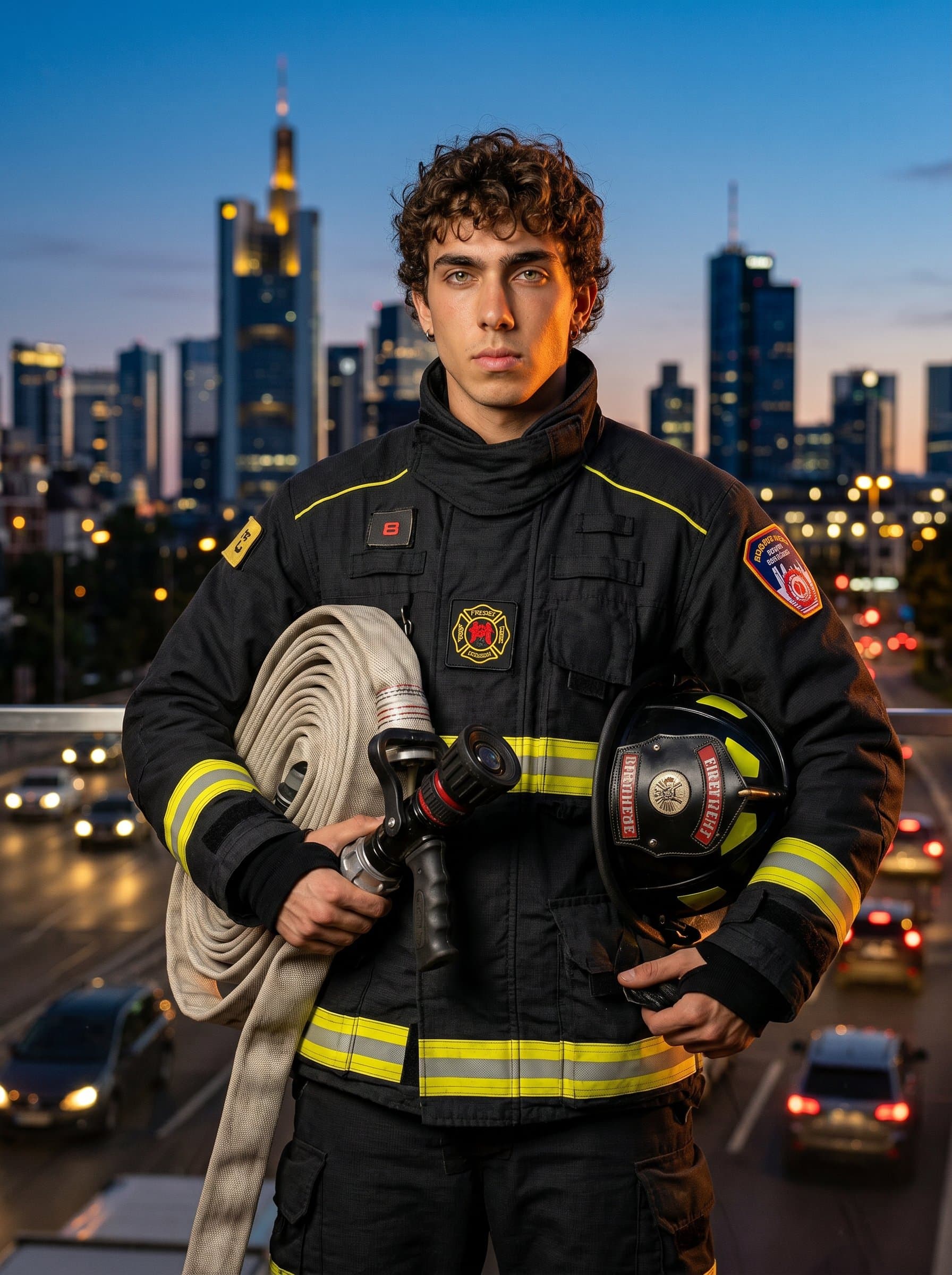 : Portrait of a firefighter in uniform, holding a hose, with city skyline at dusk behind them. Professional and modern attire, emphasizing commitment and readiness for urban firefighting challenges.