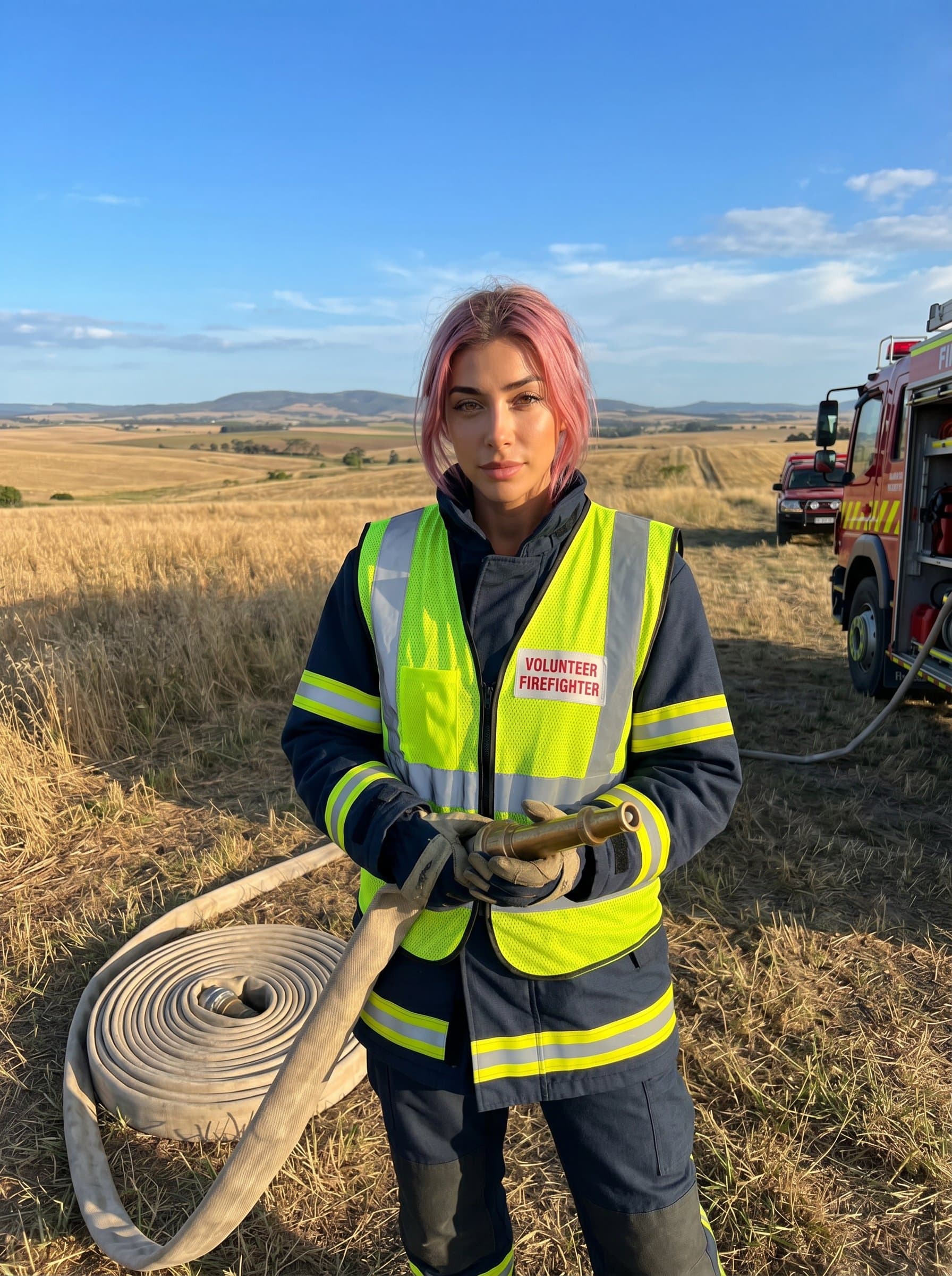 : A firefighter with a reflective vest, standing beside a large water hose, with open fields visible in the distance. Emphasize rural firefighting and environmental protection roles.
