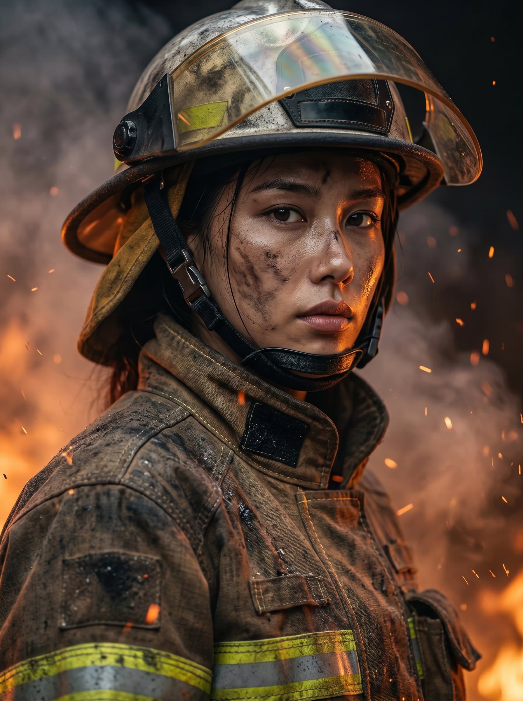 : Headshot of a firefighter in traditional bunker gear, surrounded by smoke and embers, highlighting their resilience. Detailed textures of gear and determined expression are key focal points.