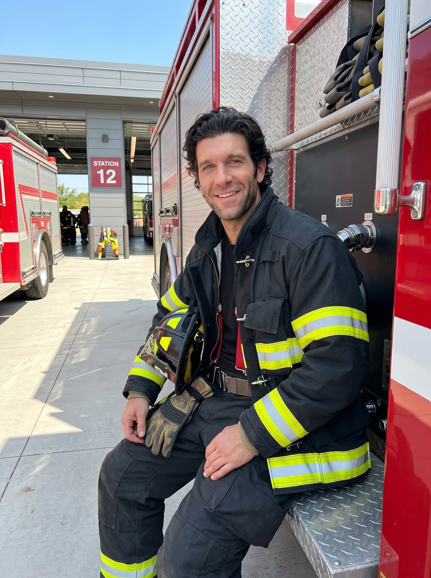 : Firefighter in classic gear, sitting on a fire truck step, smiling. Background includes a bright, sunny fire station exterior, representing community safety and approachability.