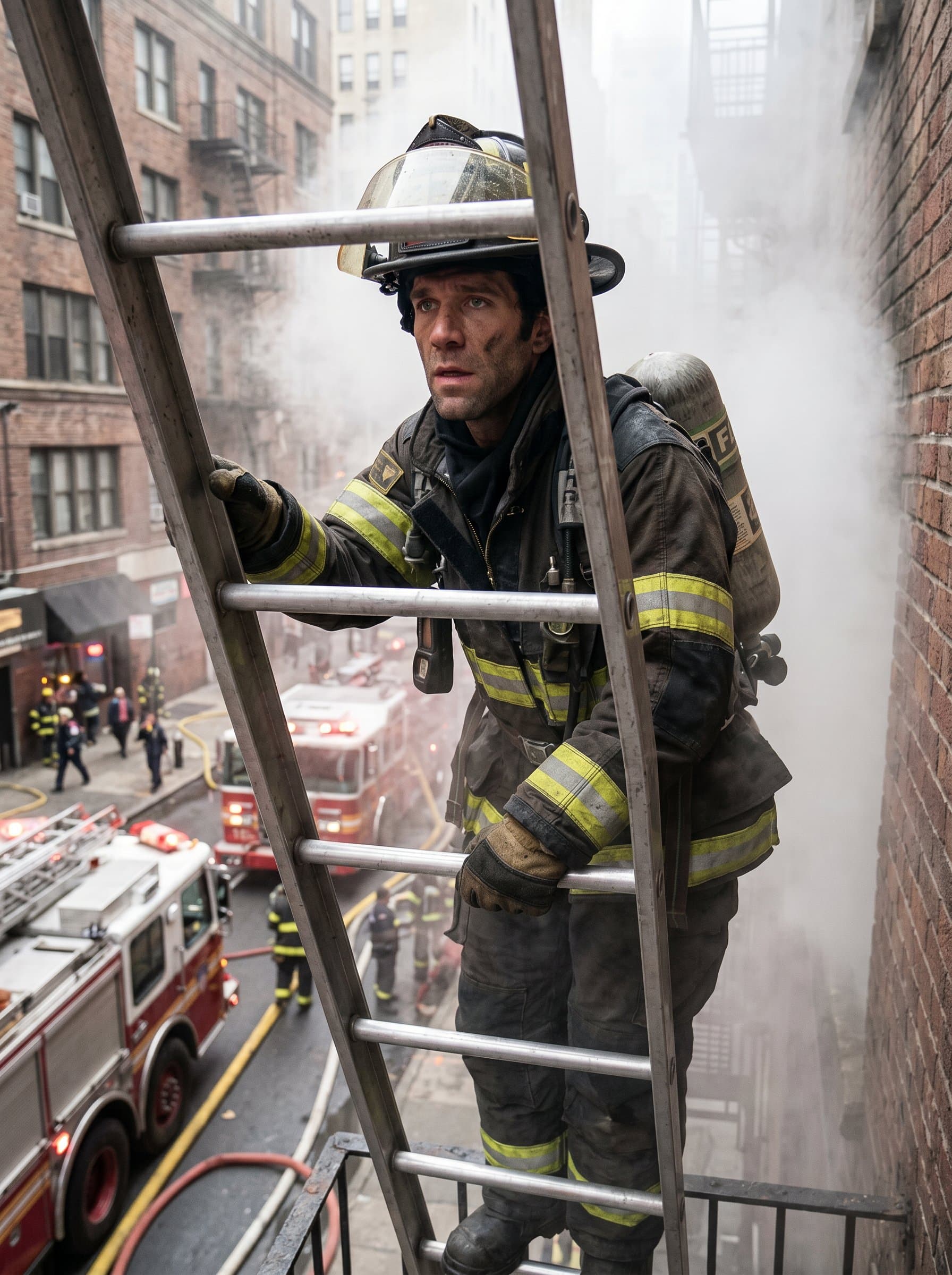 : Firefighter climbing down a ladder from a smoke-filled building, focused expression. Background hints at urban streetscape, capturing the dynamic and challenging nature of urban firefighting.