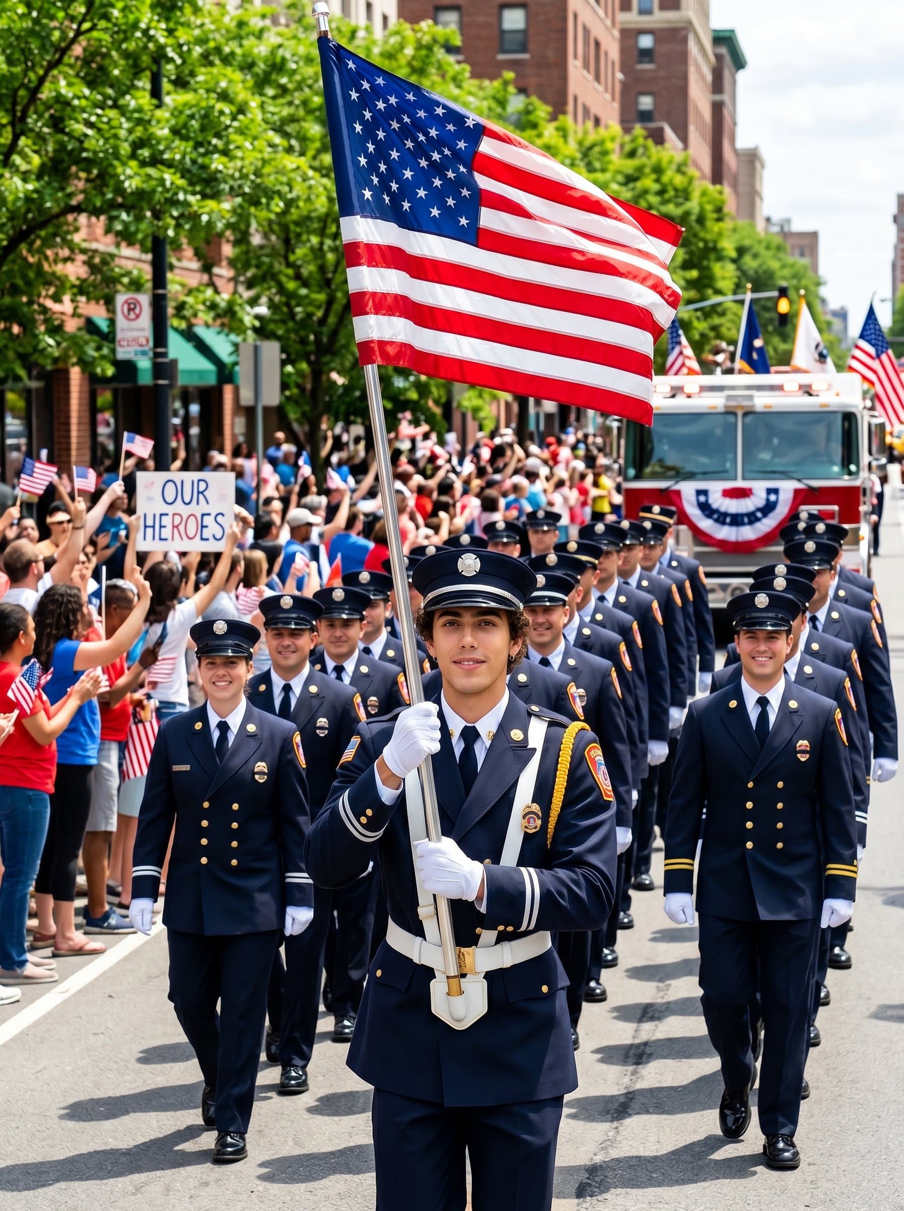 : Firefighter in a ceremonial parade, holding a flag pole, with other firefighters in the background. Emphasize unity and pride, with vibrant colors capturing community spirit.