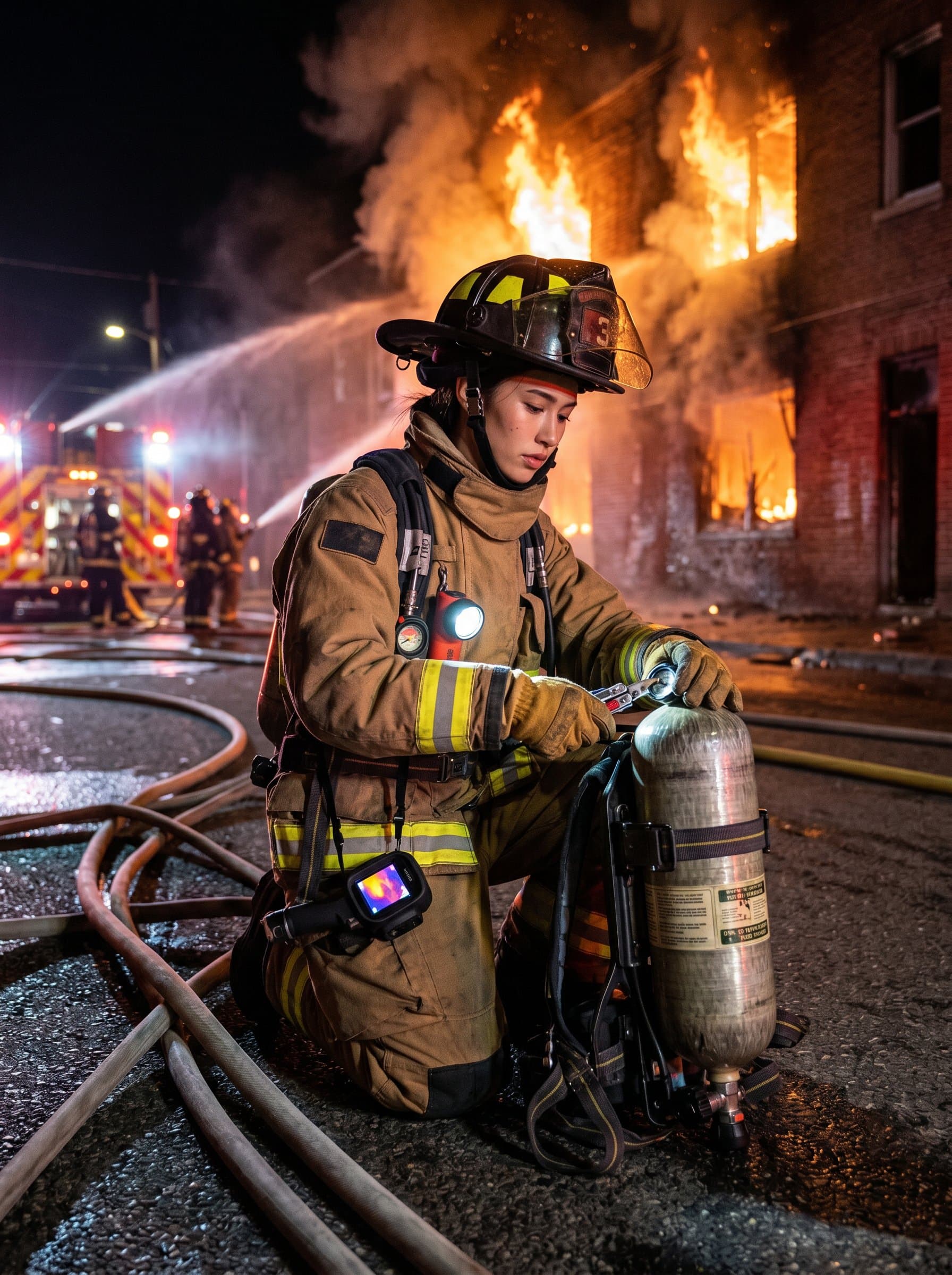 : Firefighter kneeling, checking equipment, against a backdrop of a burning building at night. Focus on the preparedness and technical expertise required for effective firefighting.
