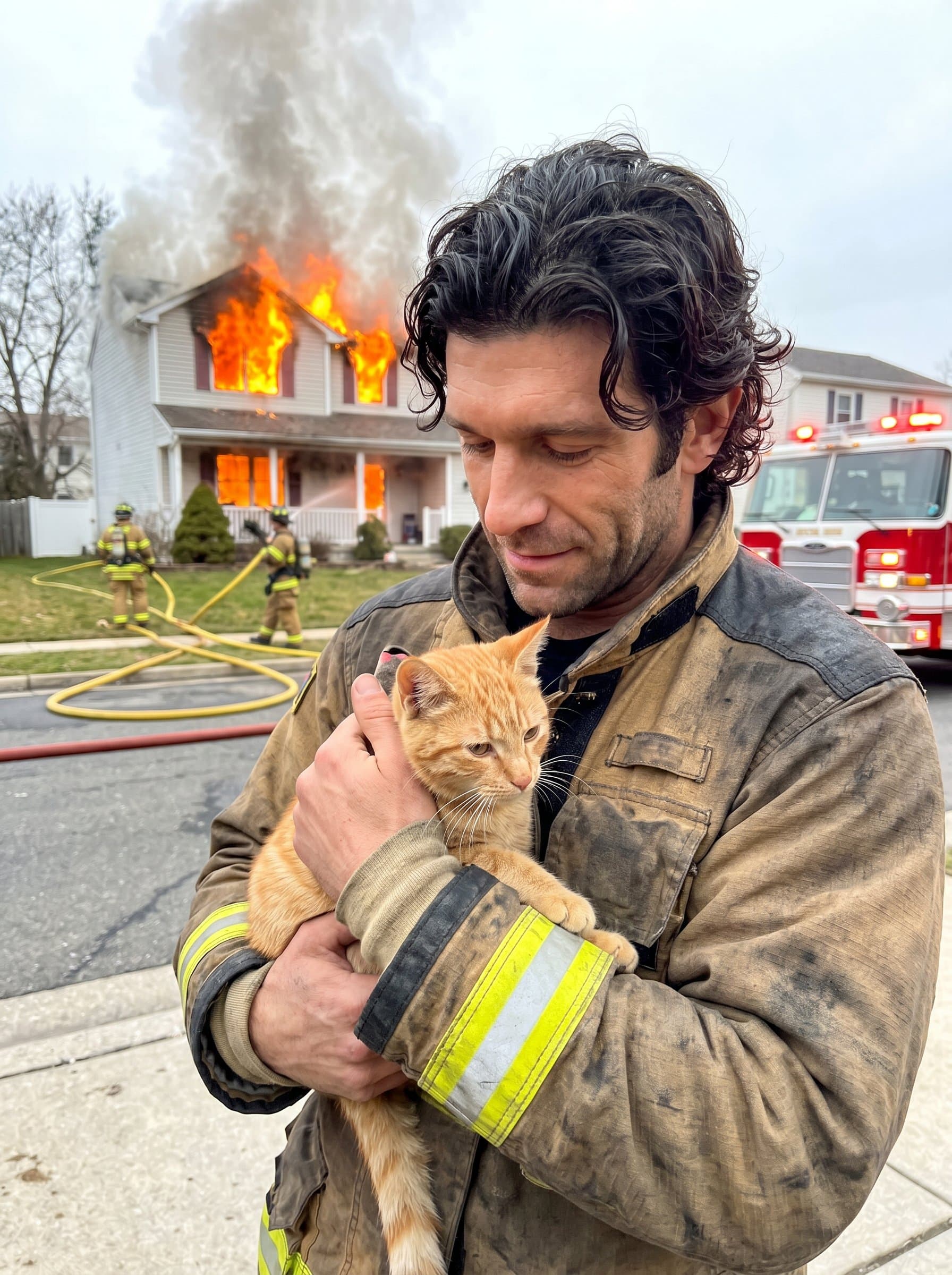 : A firefighter in turnout gear, gently holding a rescued cat, with a suburban home burning in the background. Highlight compassion and quick response in residential emergencies.