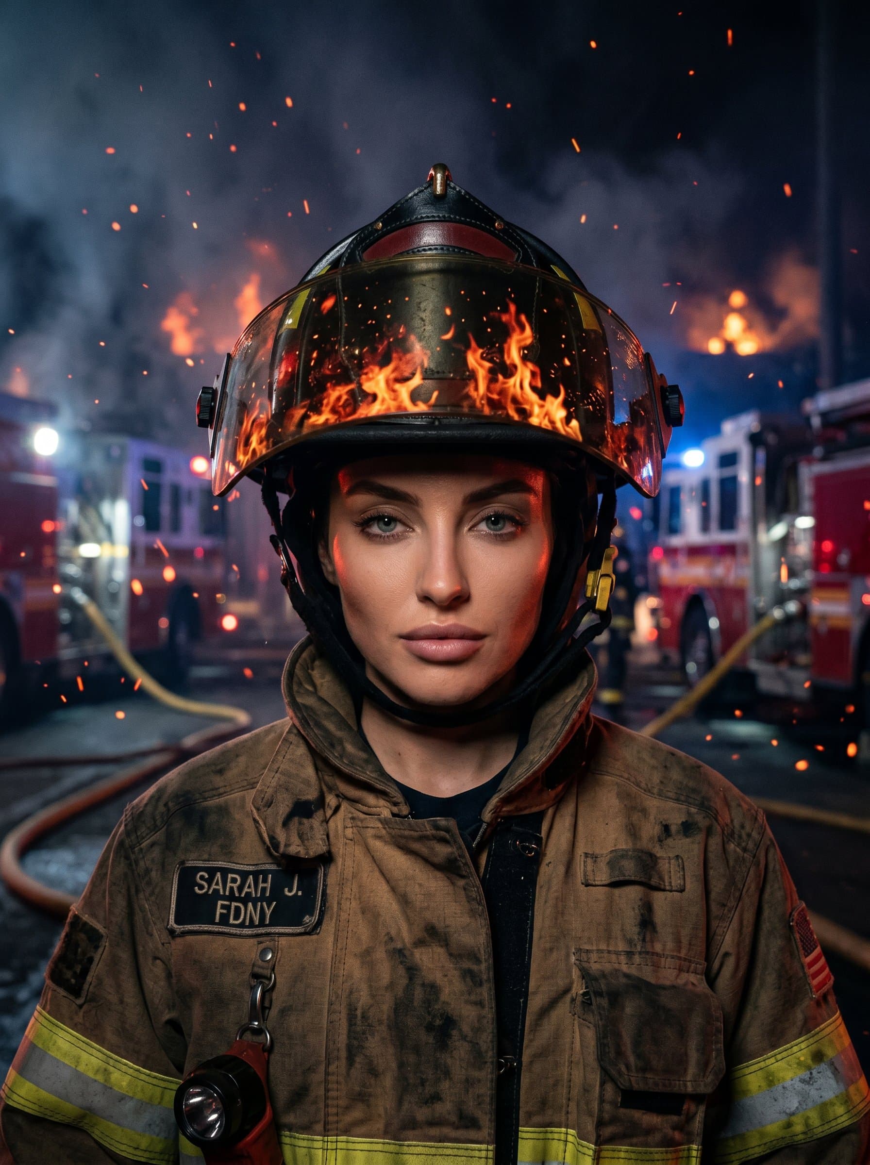 : Portrait of a firefighter with flames reflected in their visor, standing stoically. Create a dramatic yet controlled atmosphere, symbolizing courage amidst chaos.