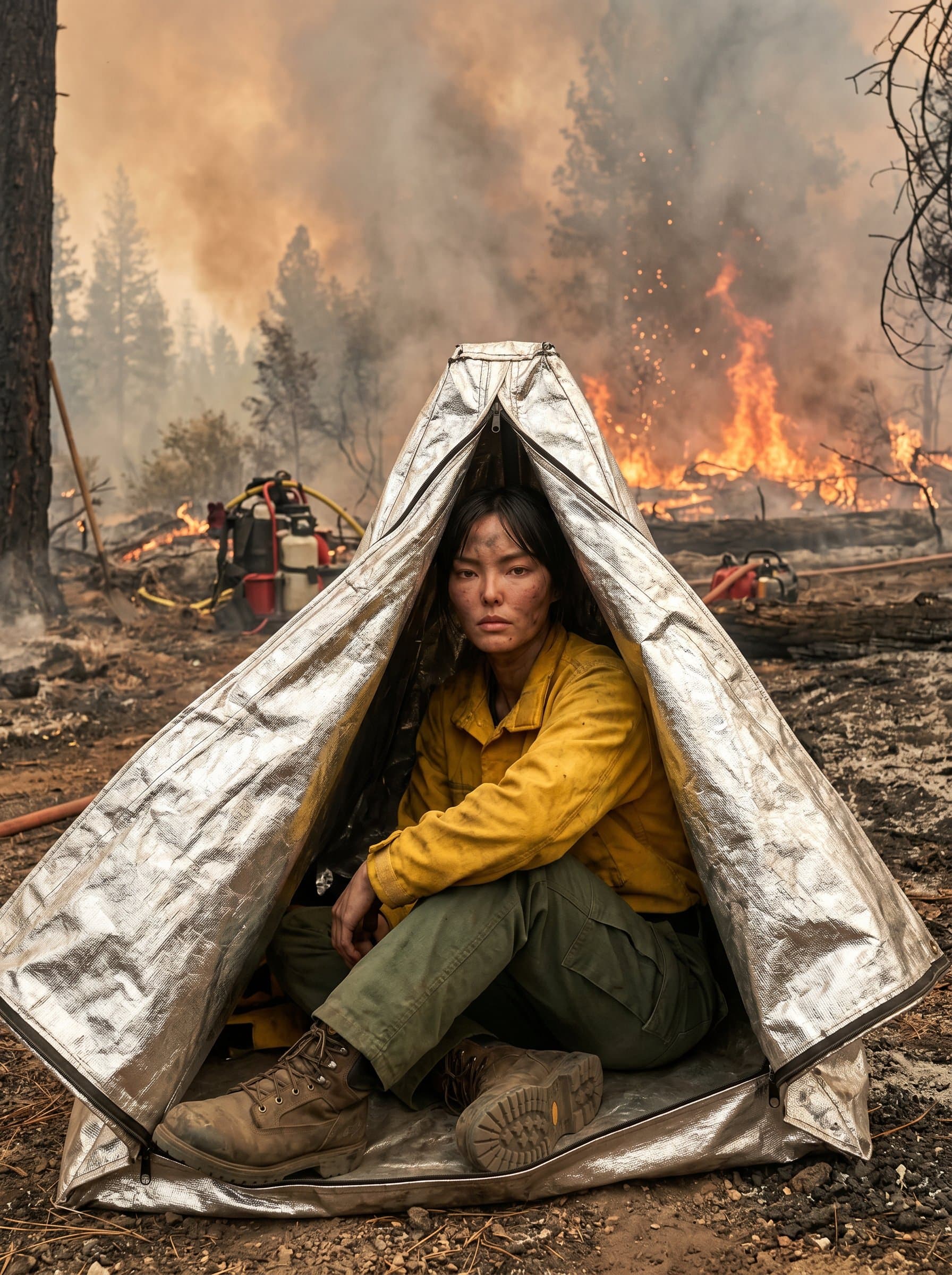 : A firefighter in a fire shelter, amidst a wildfire setting. Background with smoky skies, focusing on the extreme conditions faced during large-scale natural disasters.