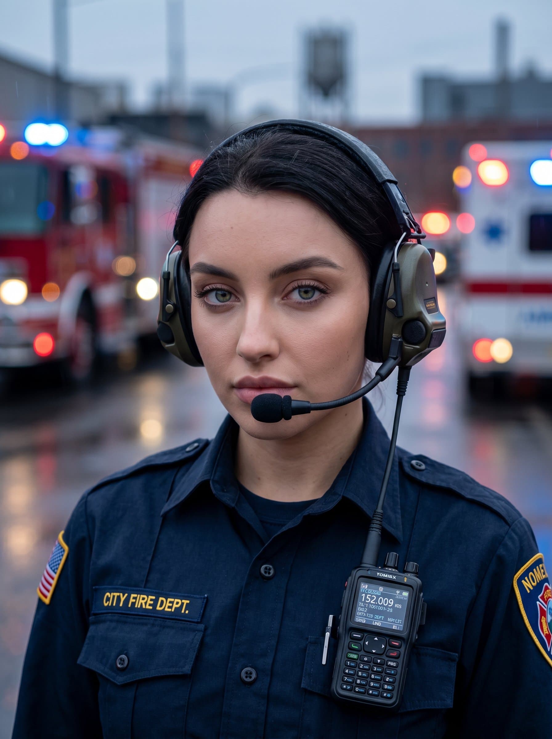 : Headshot of a firefighter wearing a communication headset, with emergency vehicles in the blurred background. Focus on the technology-driven aspects of modern firefighting.