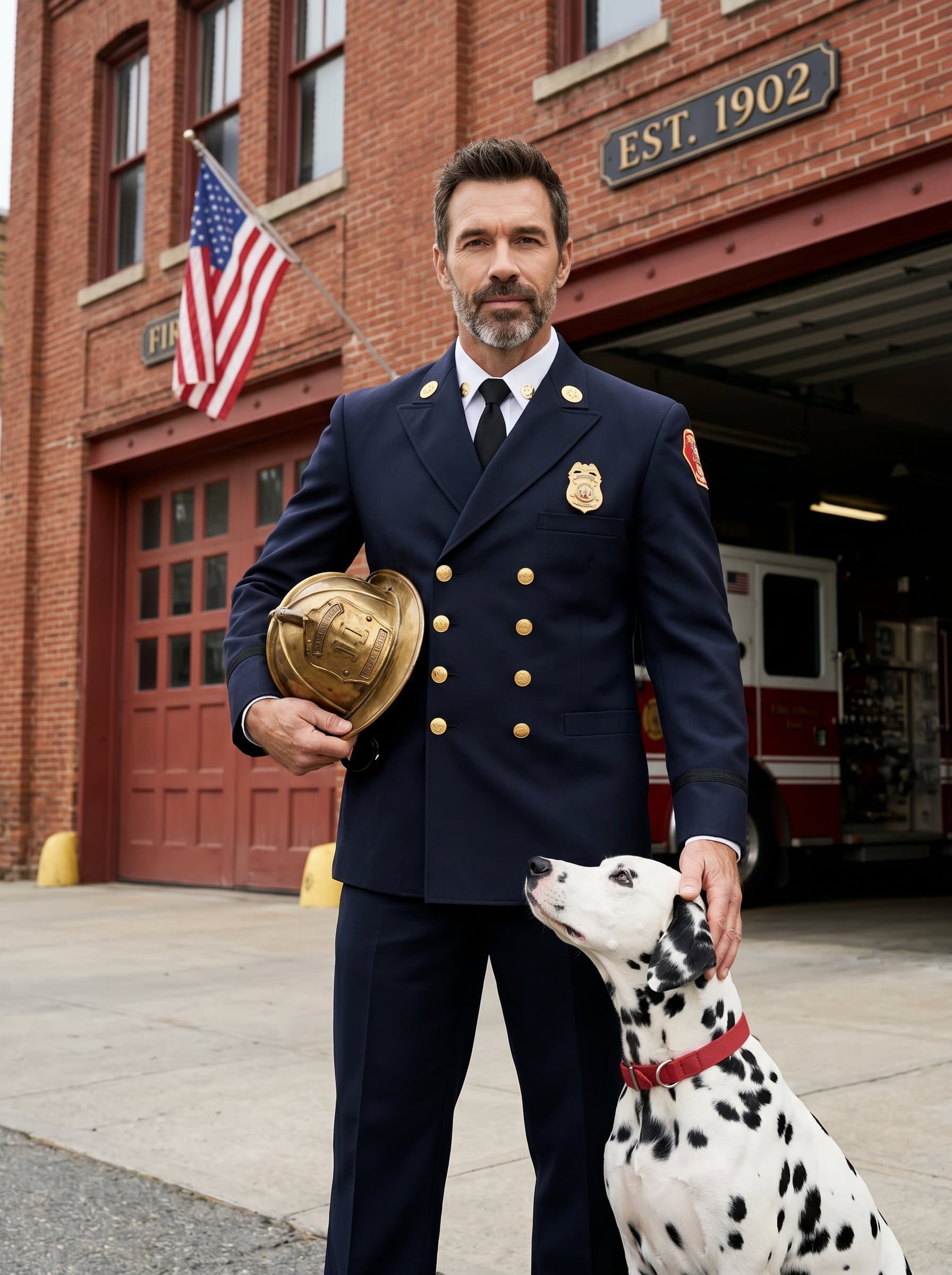 : Portrait of a firefighter in front of a fire station, with a Dalmatian at their side. Setting conveys a sense of tradition and the supportive role of firefighters within the community.