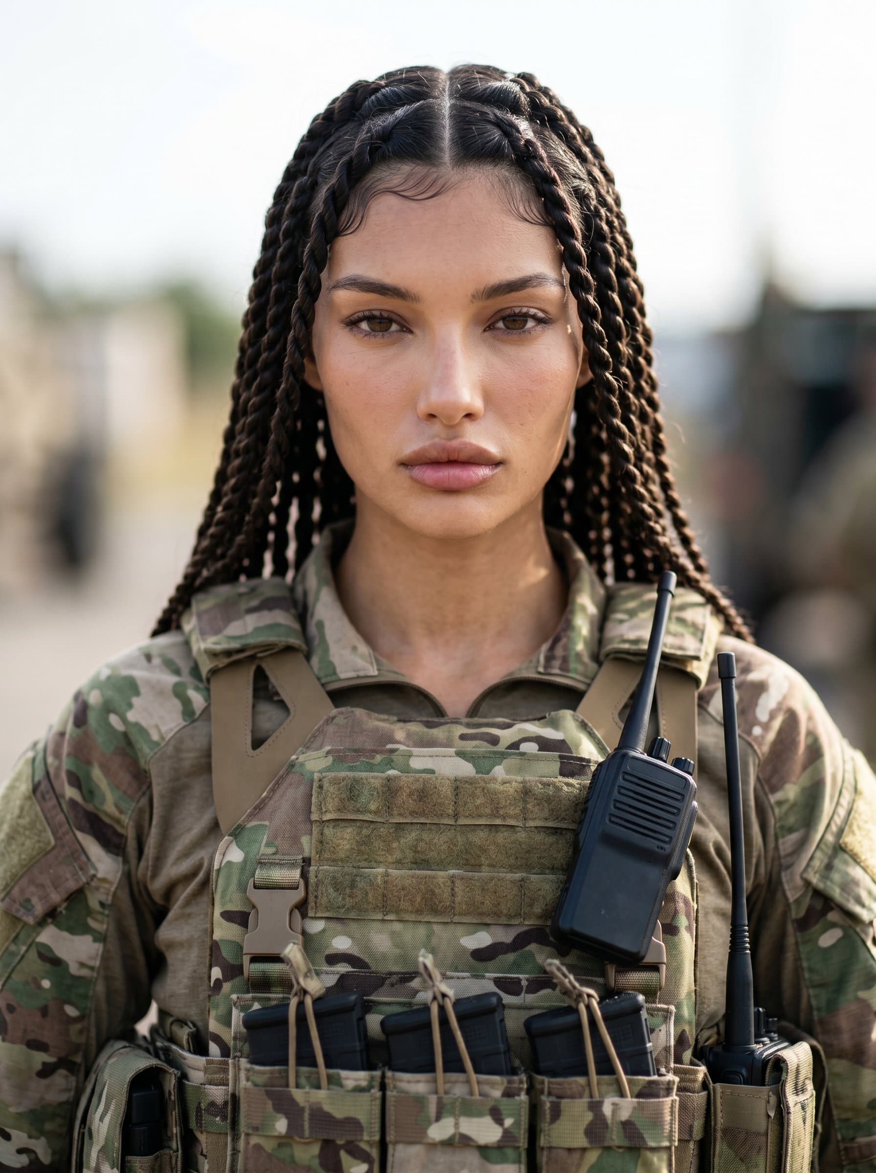 Portrait of a service member in tactical gear, with the focusing on their unwavering commitment. The composition highlights their resolute expression, using soft natural lighting for a dignified appearance.