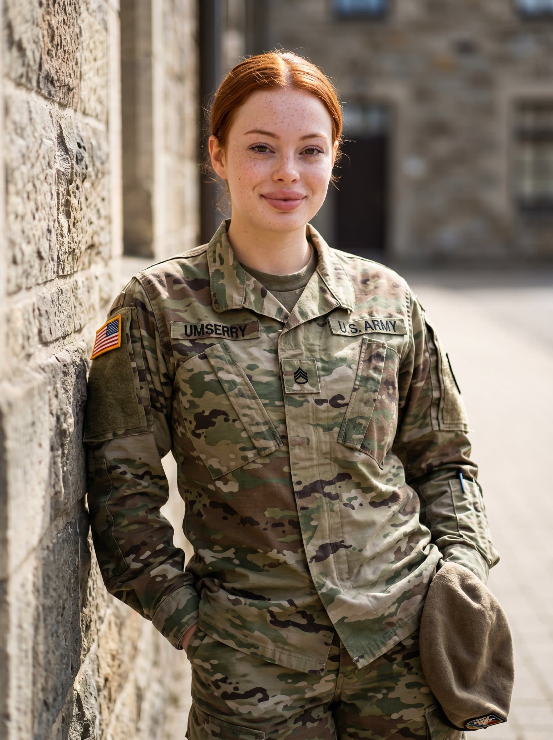 Military personnel in a relaxed pose, the capturing resilience and poise. The natural lighting reveals subtle details of their uniform, all set against a muted background for a polished look.