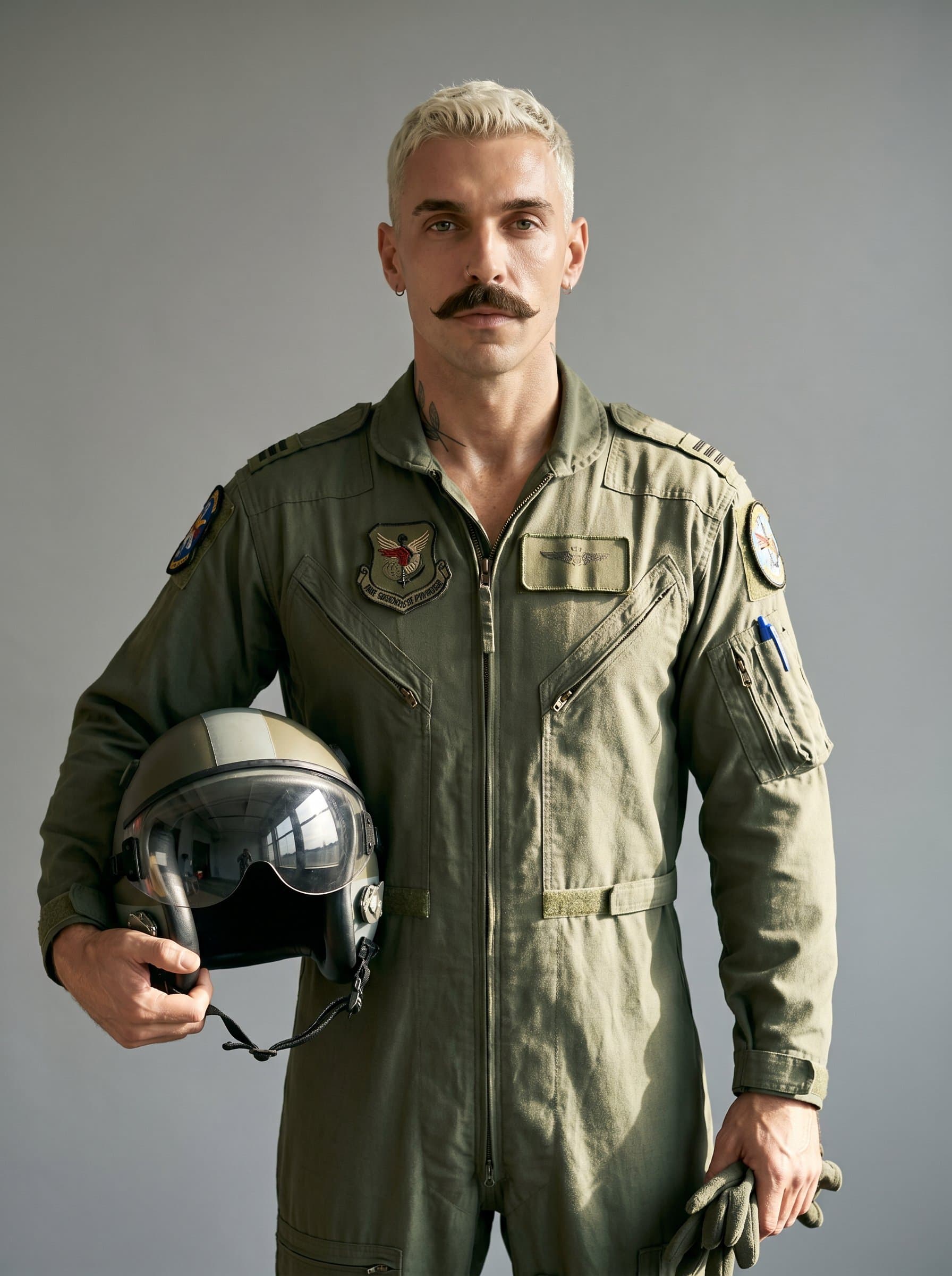 Portrait of an aviator with conveying their precision and calm. The intricacies of their flight suit are enhanced by natural light, framed against a neutral setting to maintain professionalism.