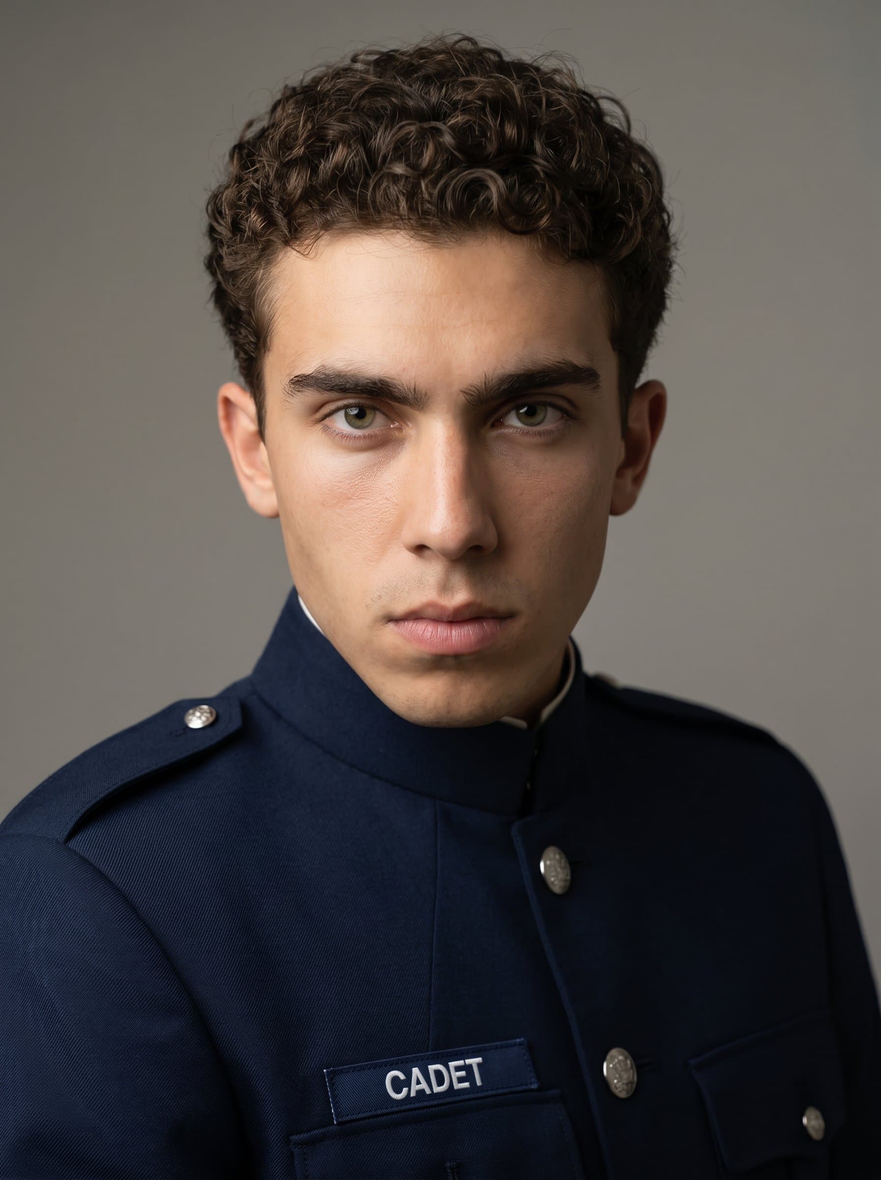 Face of a cadet in training, capturing ambition and focus. The portrait uses soft lighting to highlight youthful determination, against a neutral background to maintain professional integrity.