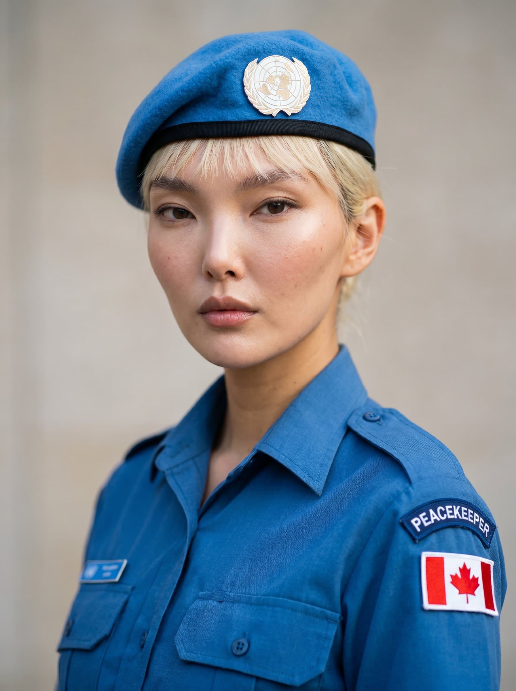 Portrait of a peacekeeper, emphasizing diplomacy and strength. The soft lighting highlights their subtle expression and attire, framed against a neutral background for a gentle yet commanding appearance.