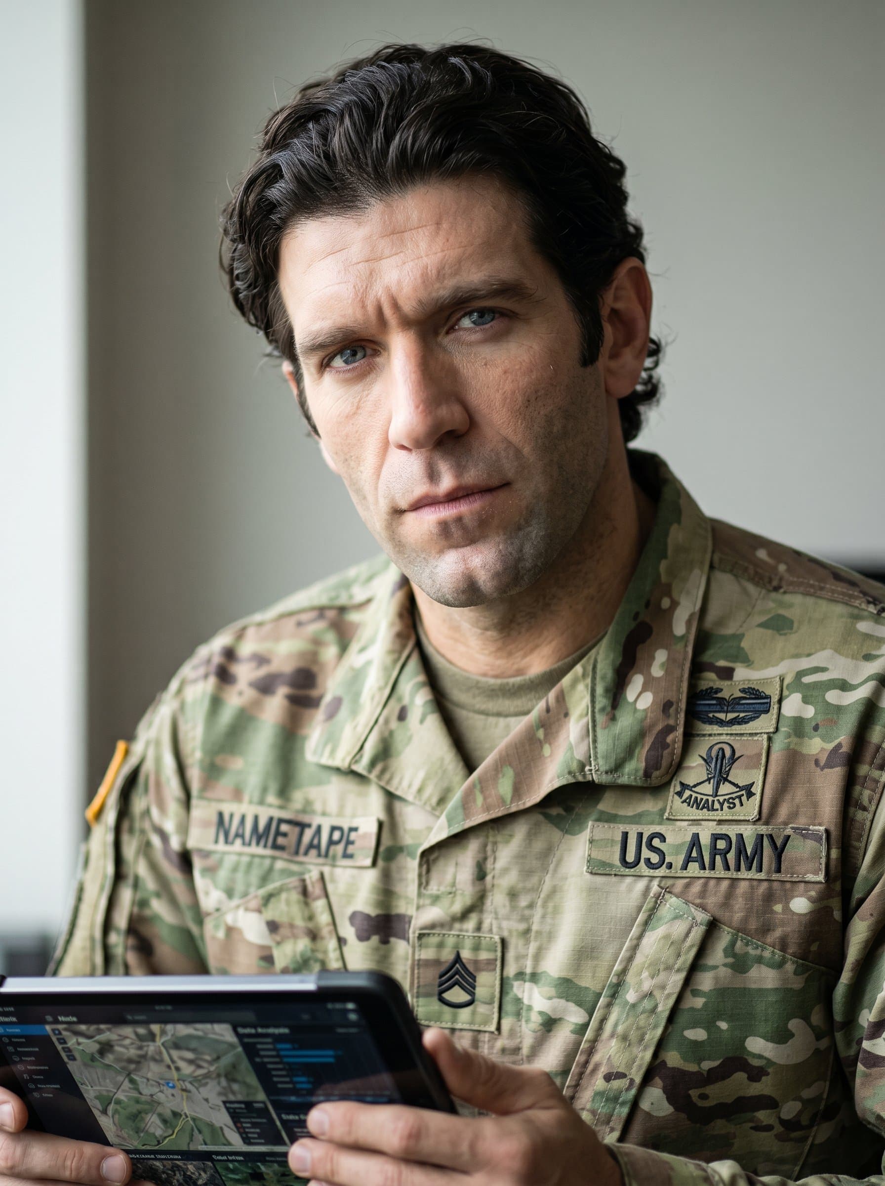 Close-up of a military analyst, showing intelligence and insight. Natural light captures the intricate details of their uniform, set against an unobtrusive backdrop for a poised and professional look.