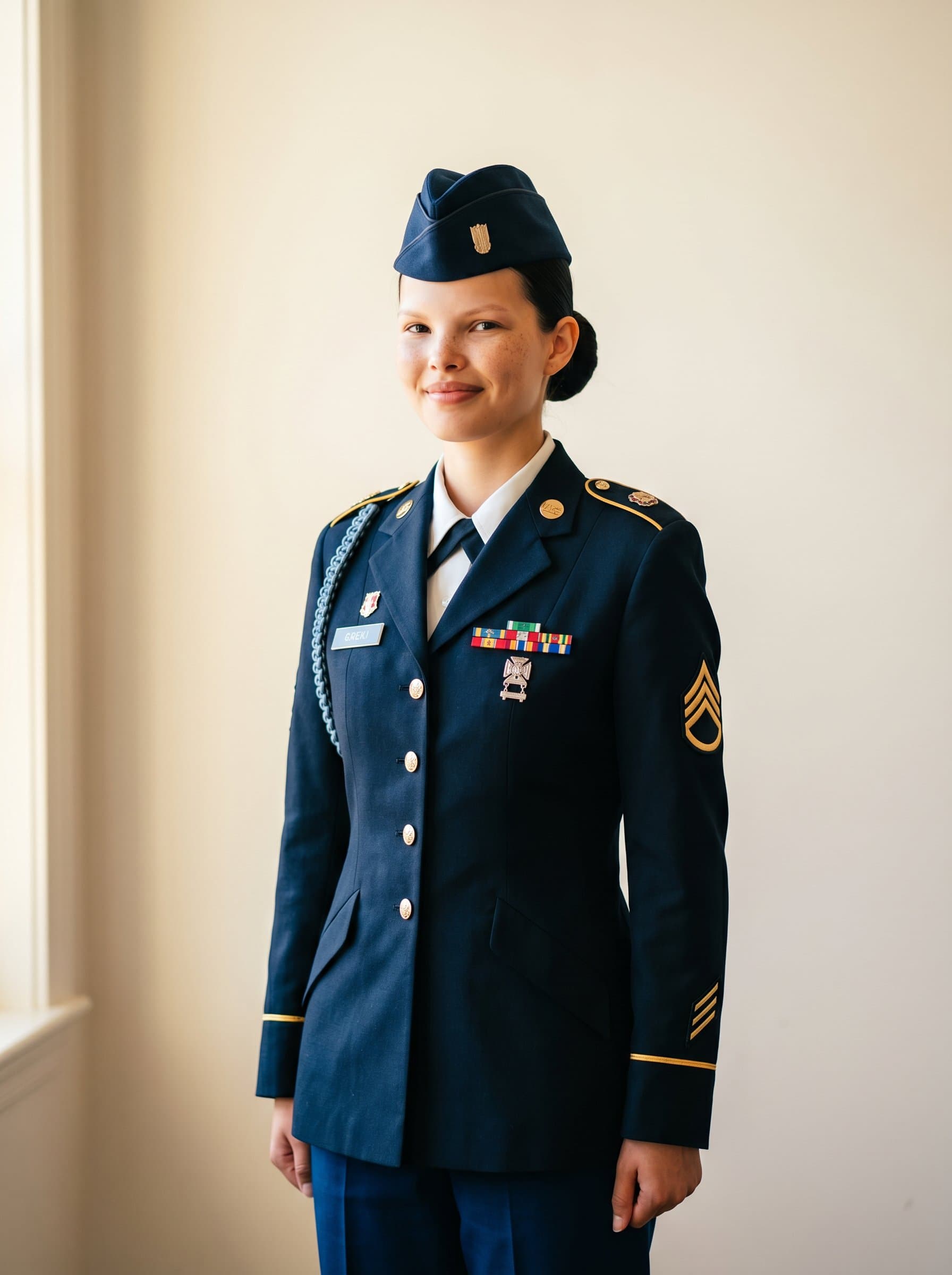A military professional in ceremonial attire, standing upright with a confident expression. The should reflect a sense of honor and authority, captured in warm natural light against a plain backdrop for emphasis.