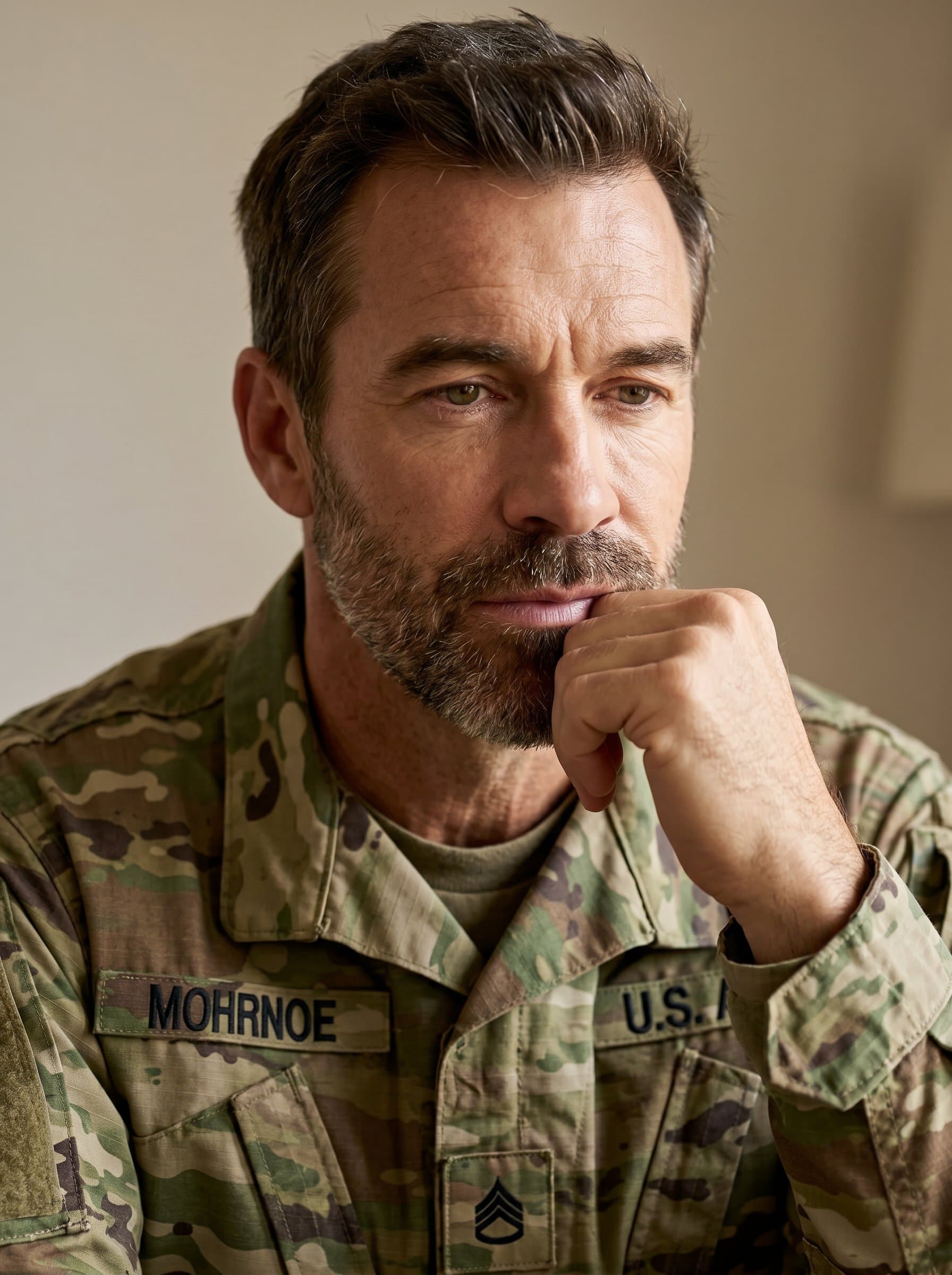 Headshot capturing a military professional's thoughtful expression, emphasizing their reflective nature. The warm lighting enhances the texture of their attire, set against a simple backdrop.