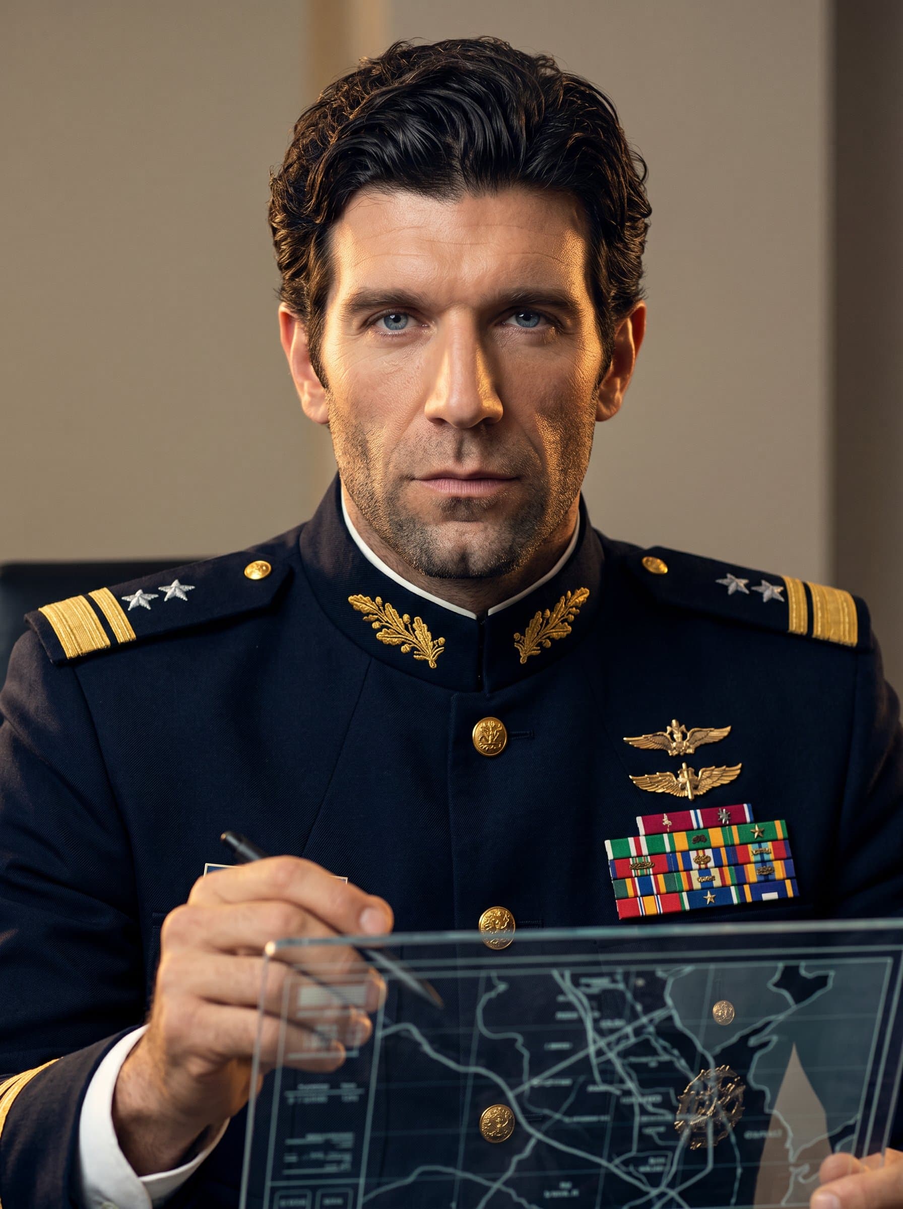 A commanding officer in full uniform, highlighting their strategic mindset. The sharp facial features are accentuated by warm lighting, set against a simple background to convey professionalism and respect.