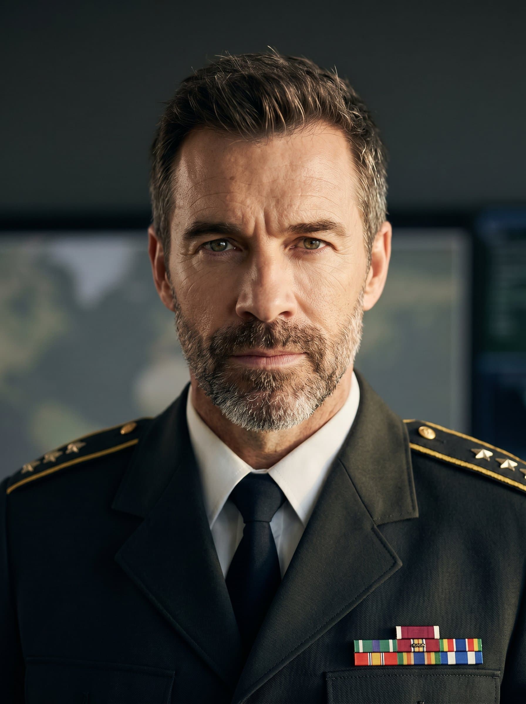Headshot of a military strategist, emphasizing their analytical prowess. The attire and direct gaze are central, illuminated by warm light, with a nondescript background underscoring their competence.