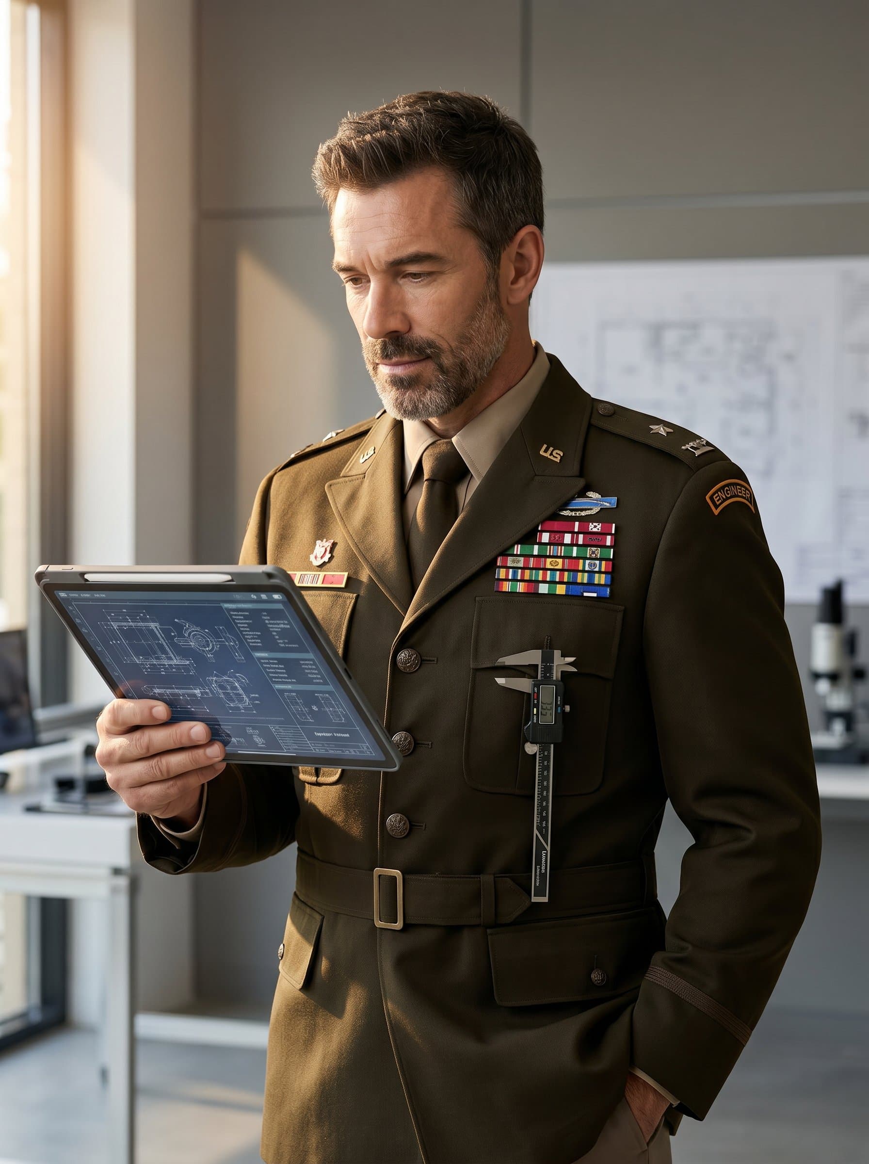 Portrait of a military engineer, highlighting innovation and meticulousness. The warm light accentuates their features and uniform, with a neutral backdrop supporting a clean and professional image.