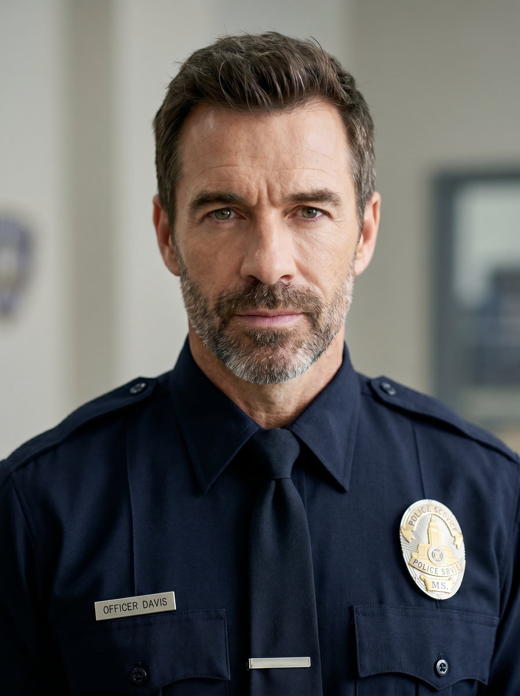 Intense gaze of an experienced officer, showcasing integrity and dedication. The image features an immaculate uniform under soft lighting, with a minimalistic backdrop focusing attention on their facial features.