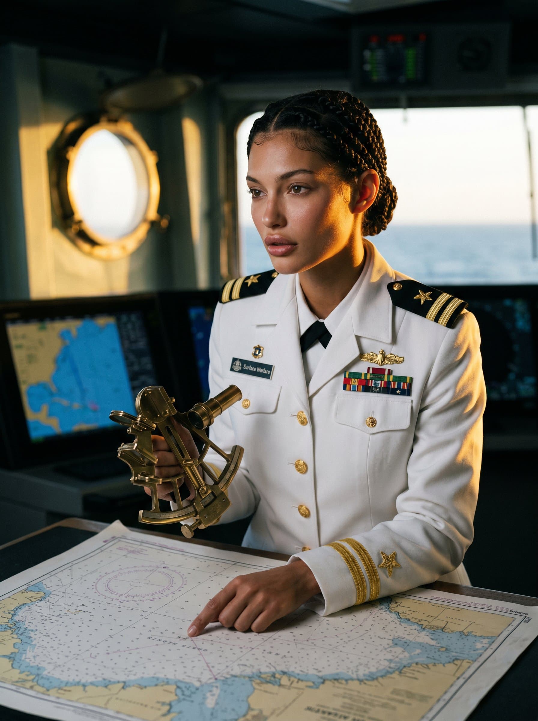 A photo of a naval officer, with showcasing their maritime expertise. The warm light highlights the crispness of the uniform, set against a subdued backdrop for an authoritative visual.