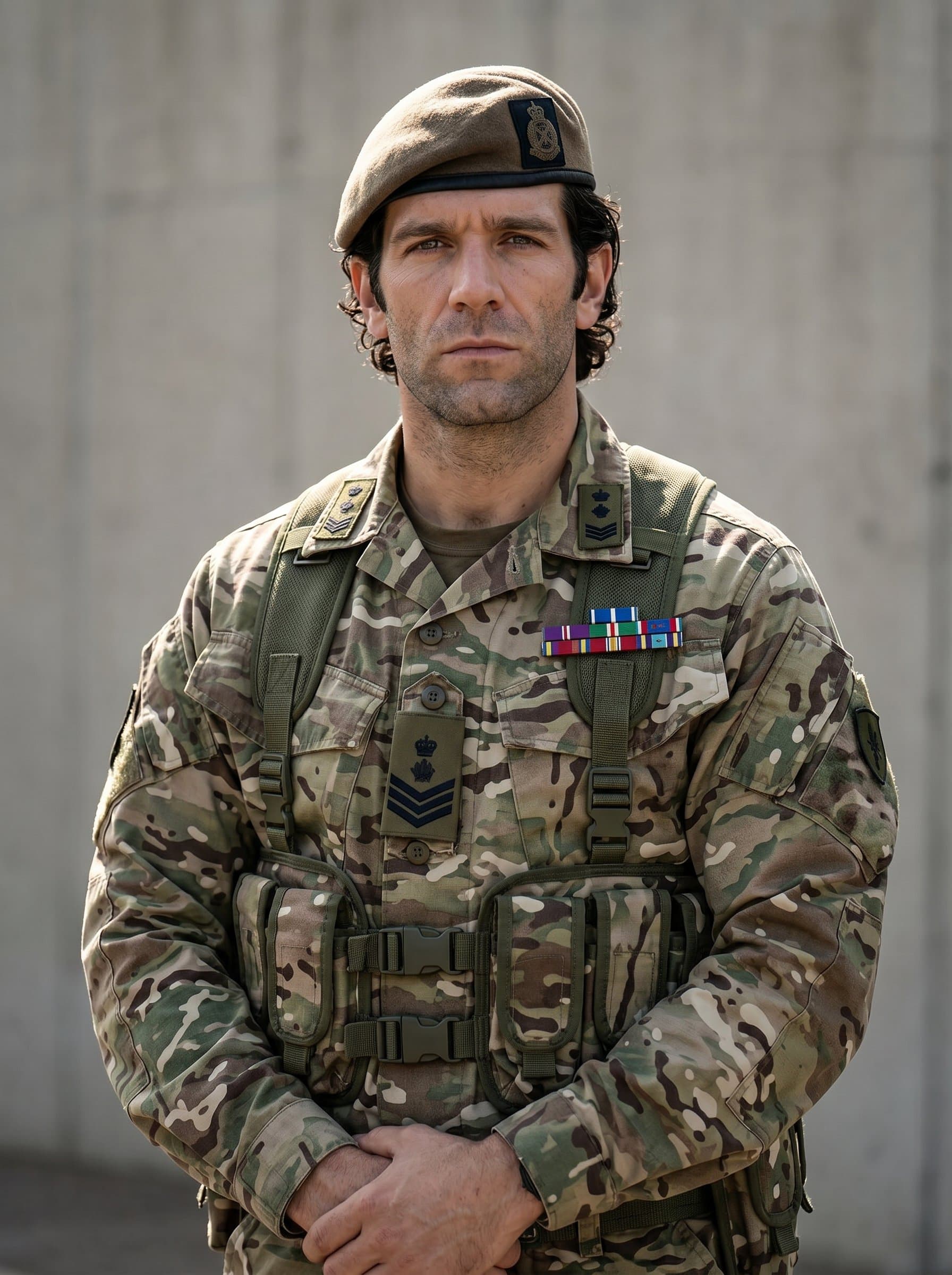 A commanding officer in battle dress, reflecting their commanding presence. The natural light brings out details of the attire, with a plain backdrop ensuring a focus on their leadership aura.
