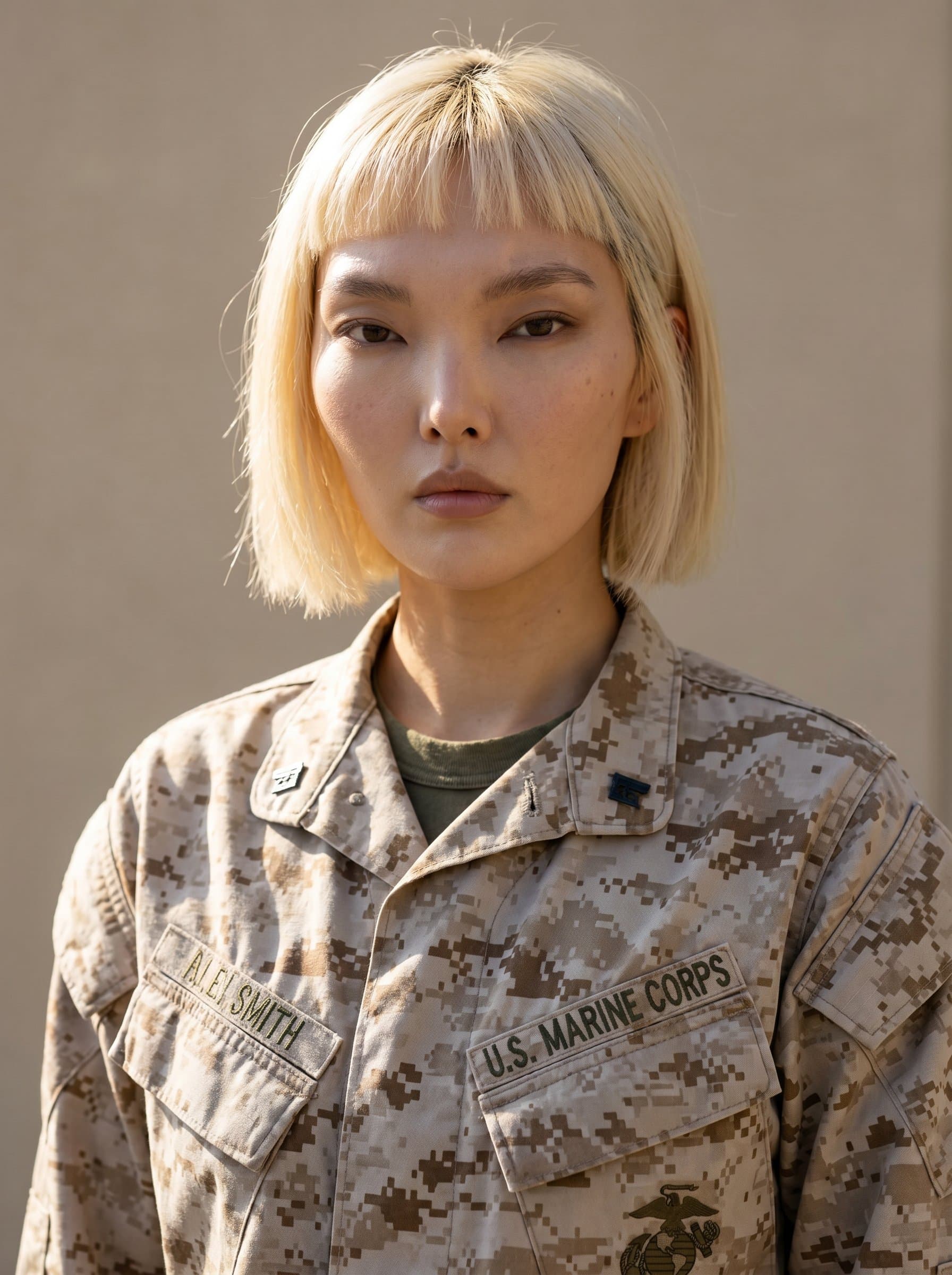 Portrait of a marine, their reflecting valor and readiness. The composition uses natural light to highlight the uniform's details, with a neutral background emphasizing their steadfast demeanor.