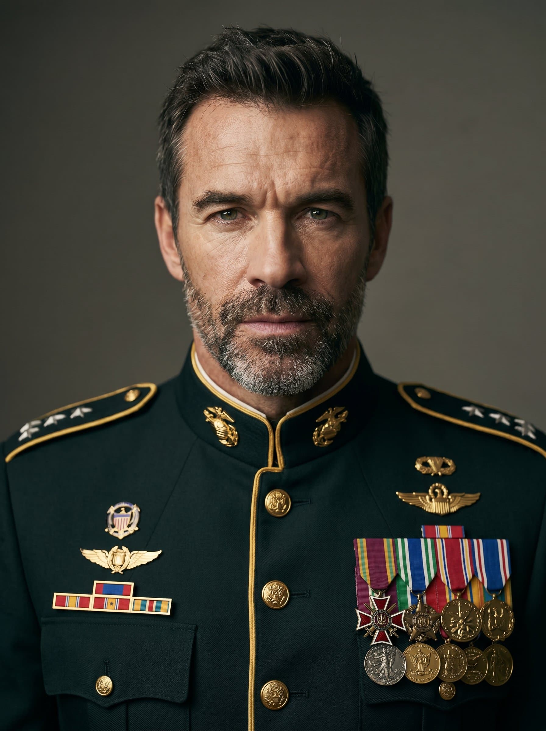 Close-up headshot of a decorated officer, showcasing medals and insignia. conveys determination and leadership, framed by a neutral background and subtle lighting accentuating their experience and wisdom.