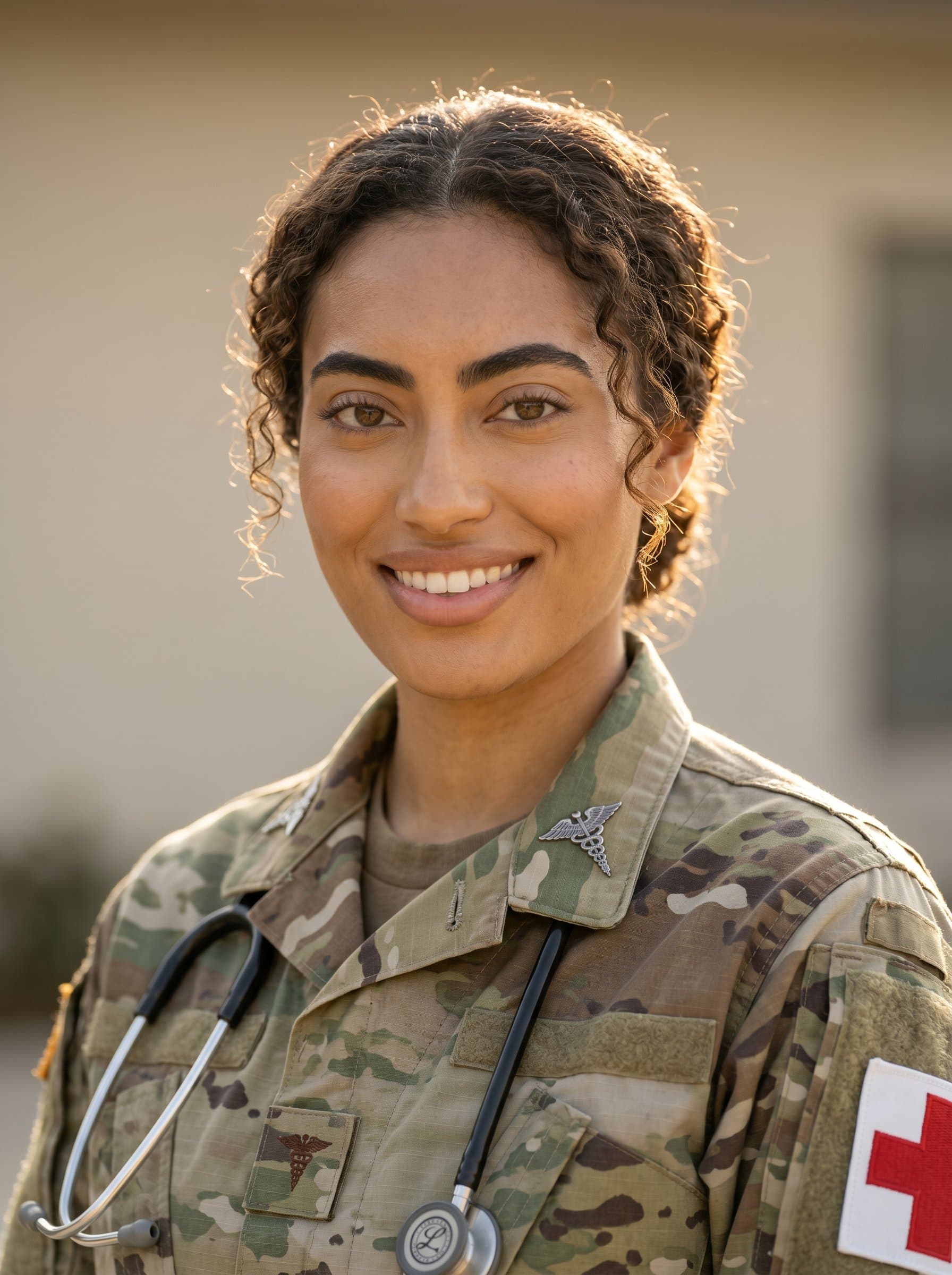 Headshot of a military medic, their emphasizing compassion and readiness. Warm lighting highlights the clarity of their uniform, while a simple background keeps focus on their reassuring expression.