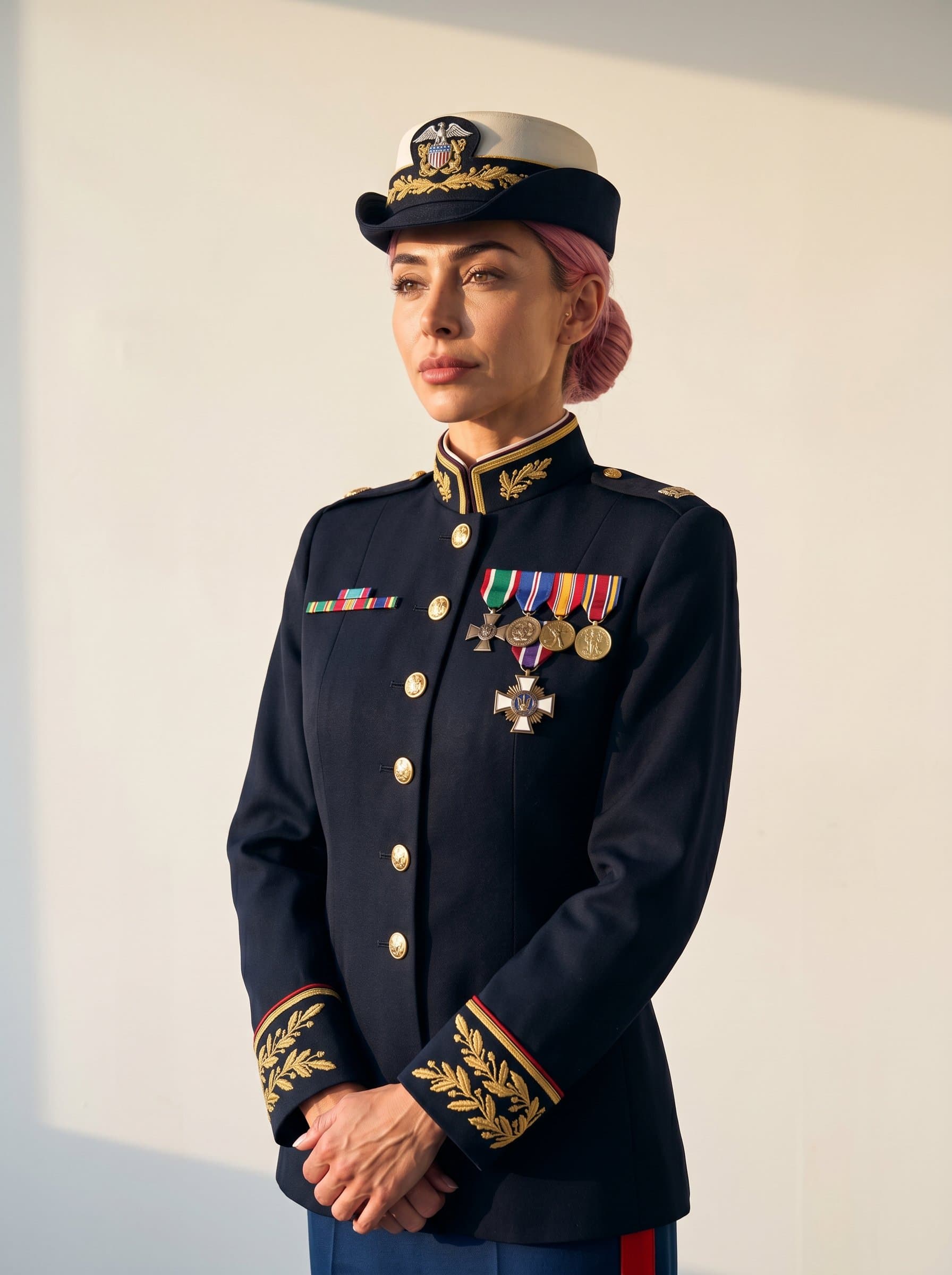 A seasoned officer in a dress uniform, highlighting their venerable presence. The natural warmth of the light accentuates their features and uniform, with a plain background adding to the formality.