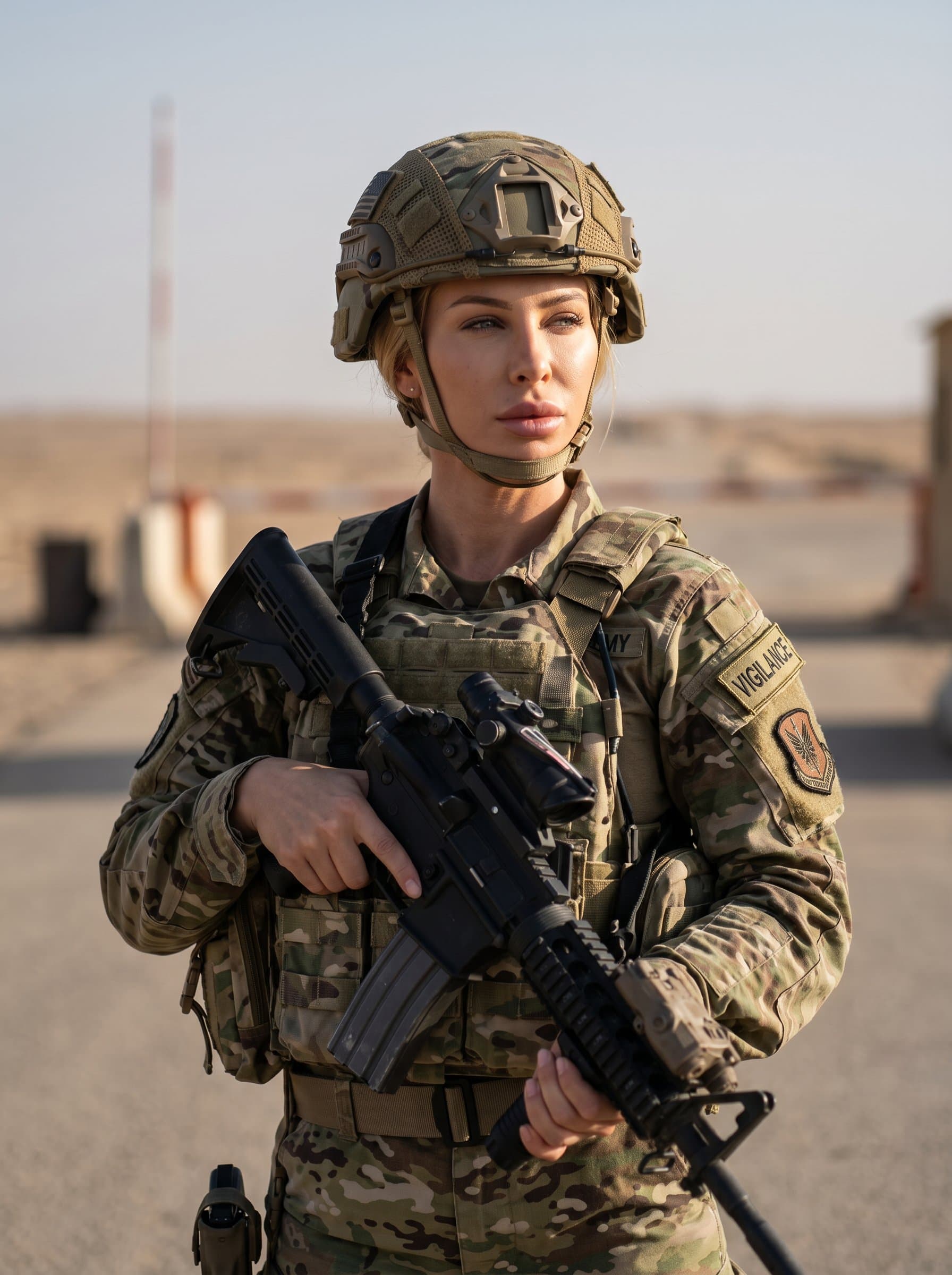 A soldier on duty, with conveying vigilance and protection. The natural lighting highlights their determined gaze and uniform, against a simple background that underscores their dedication.