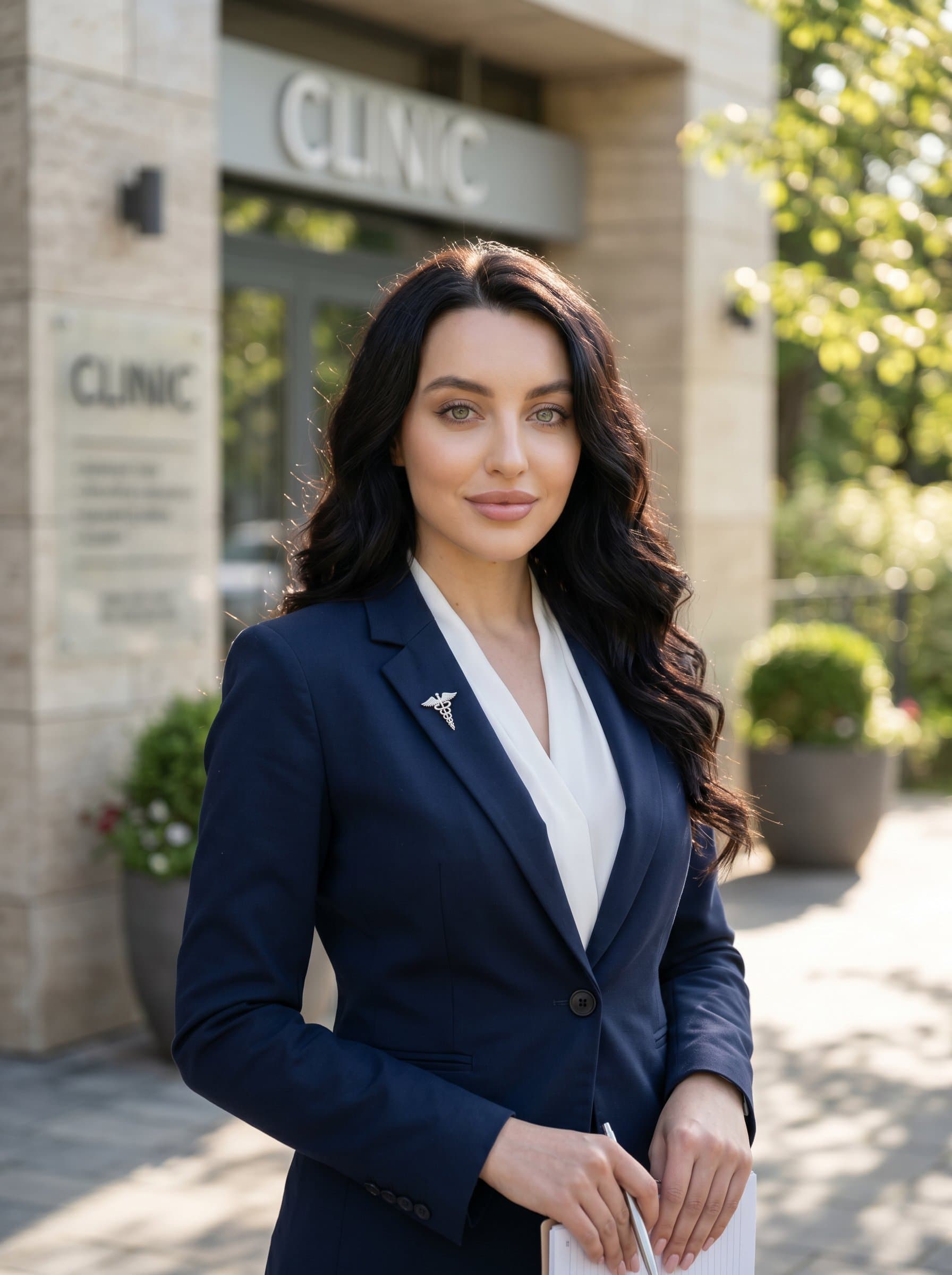 outside a clinic, bathed in gentle natural light, exuding confidence in a fitted blazer. A calm, composed expression captures the essence of a patient-focused professional skilled in psychiatry.