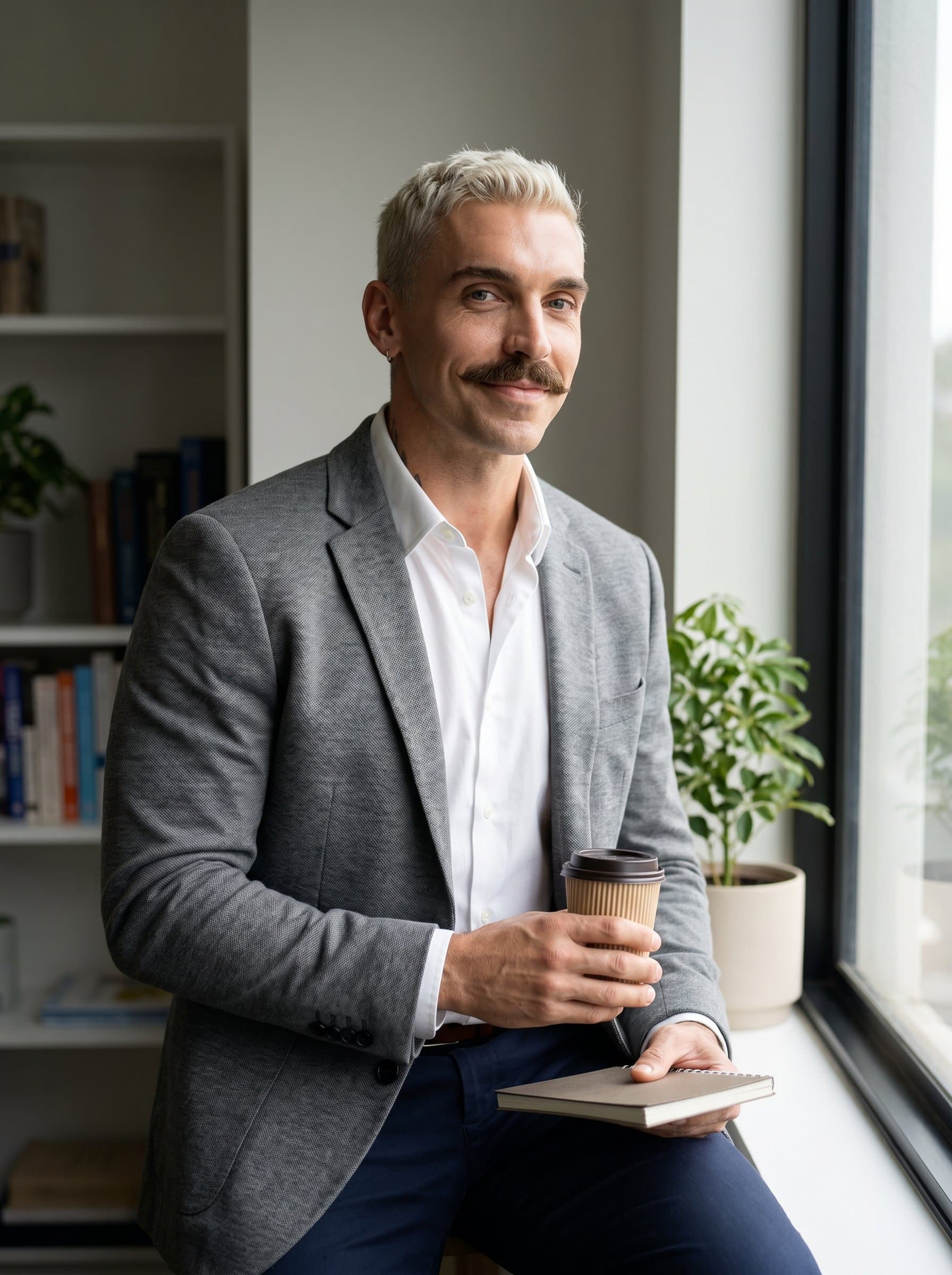 gracefully poised near a window, with natural light softening their features. A neat, professional hairstyle and a gentle smile convey a calming presence, essential for psychiatric practice.