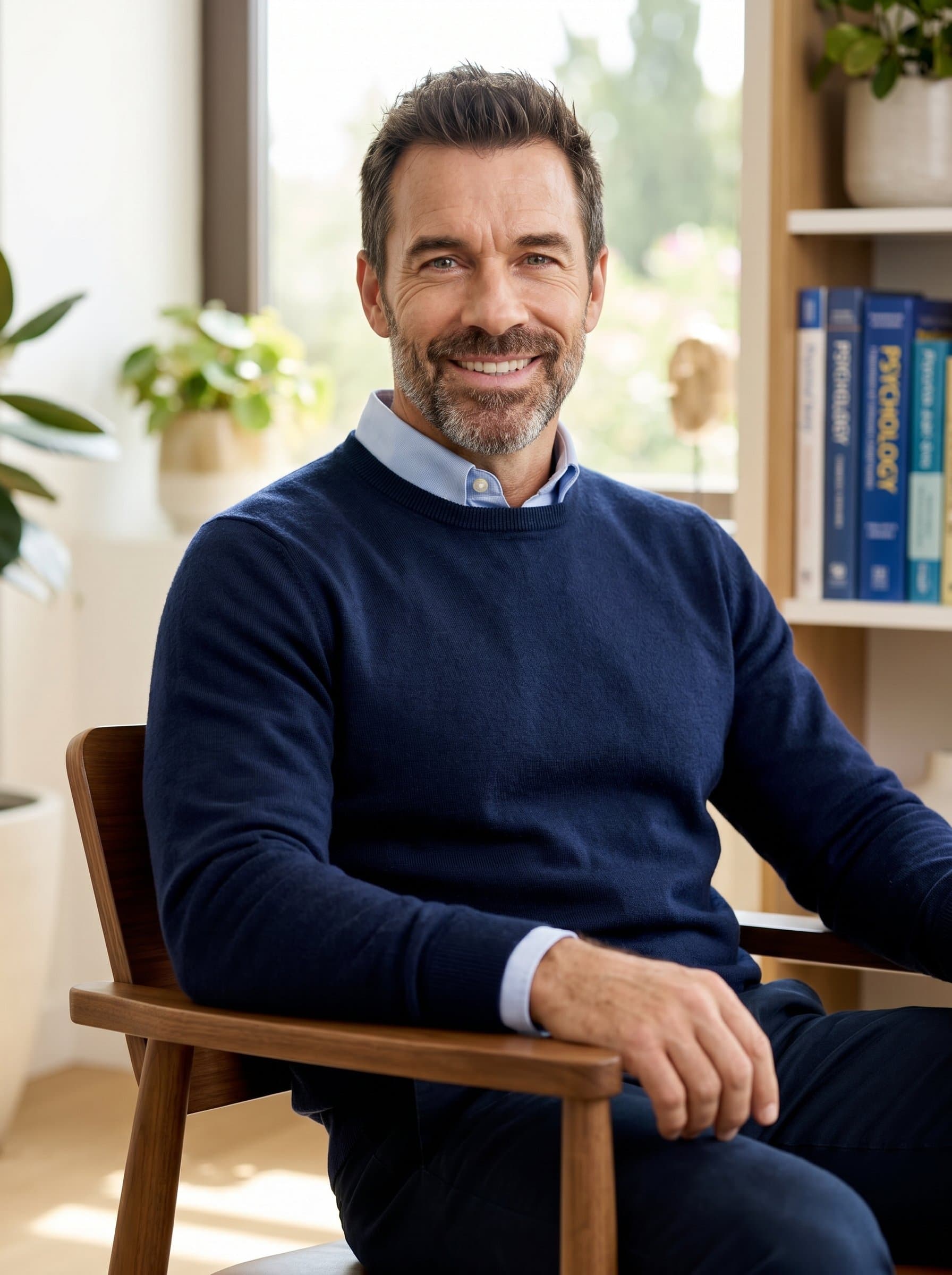 seated on a minimalist chair, dressed in a classic sweater over a collared shirt. The soft-focus background and sincere smile create an approachable and trustworthy image for psychiatric consultations.